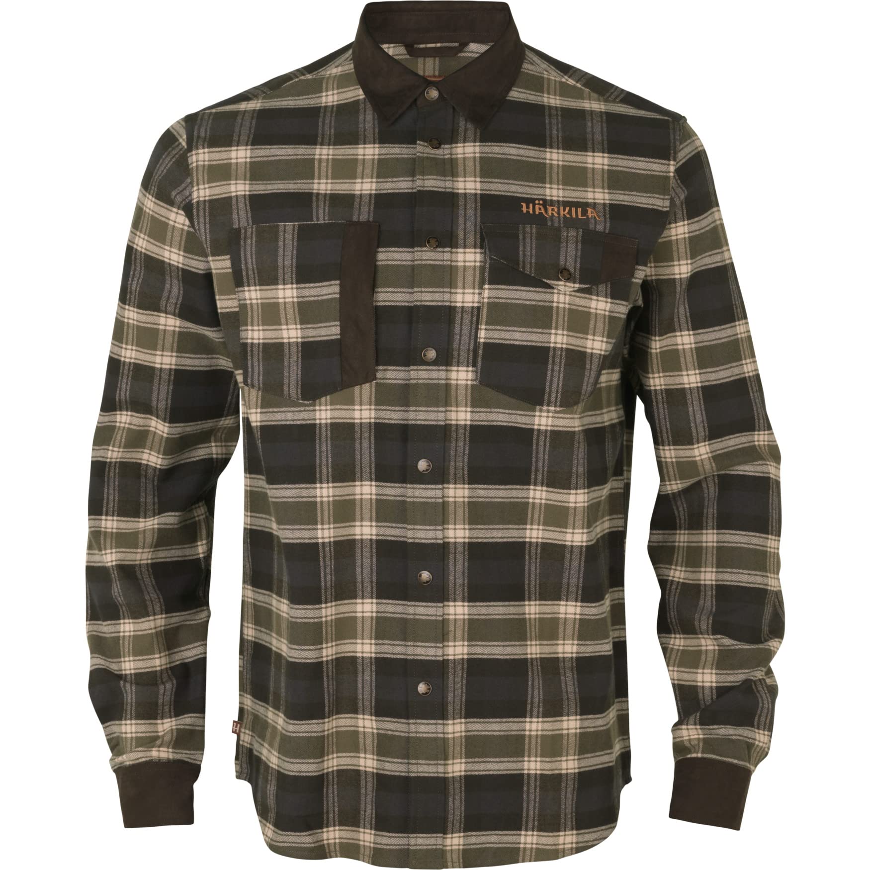 Härkila | Camisa Abotonada Aivak | Camisa de Franela Suave con Refuerzos en los Codos, el Cuello y los Puños | Ropa y Equipamiento de Caza Profesional | Calidad Escandinava Duradera | Olive, XL
