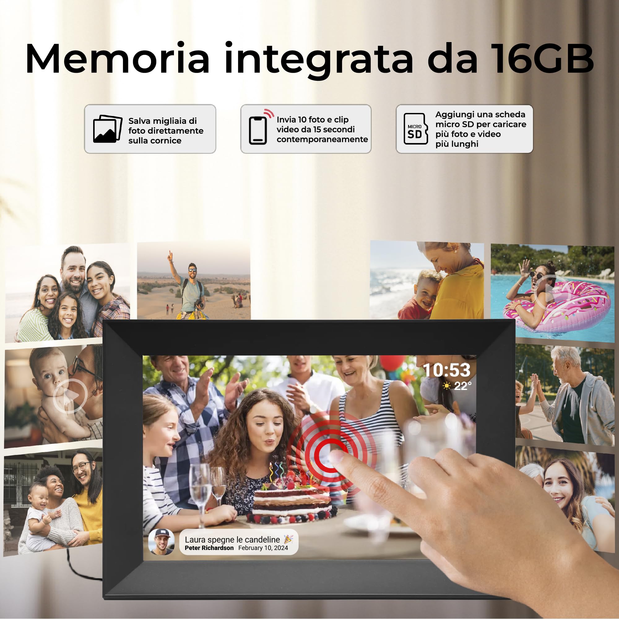 Cornice Digitale 10 Pollici WiFi – Schermo IPS Full HD 1920×1200 – Portafoto Digitale Frameo Denver per Foto e Video – Cornice Elettronica Touchscreen Smart – 16 GB Memoria – Slot microSD – Nera