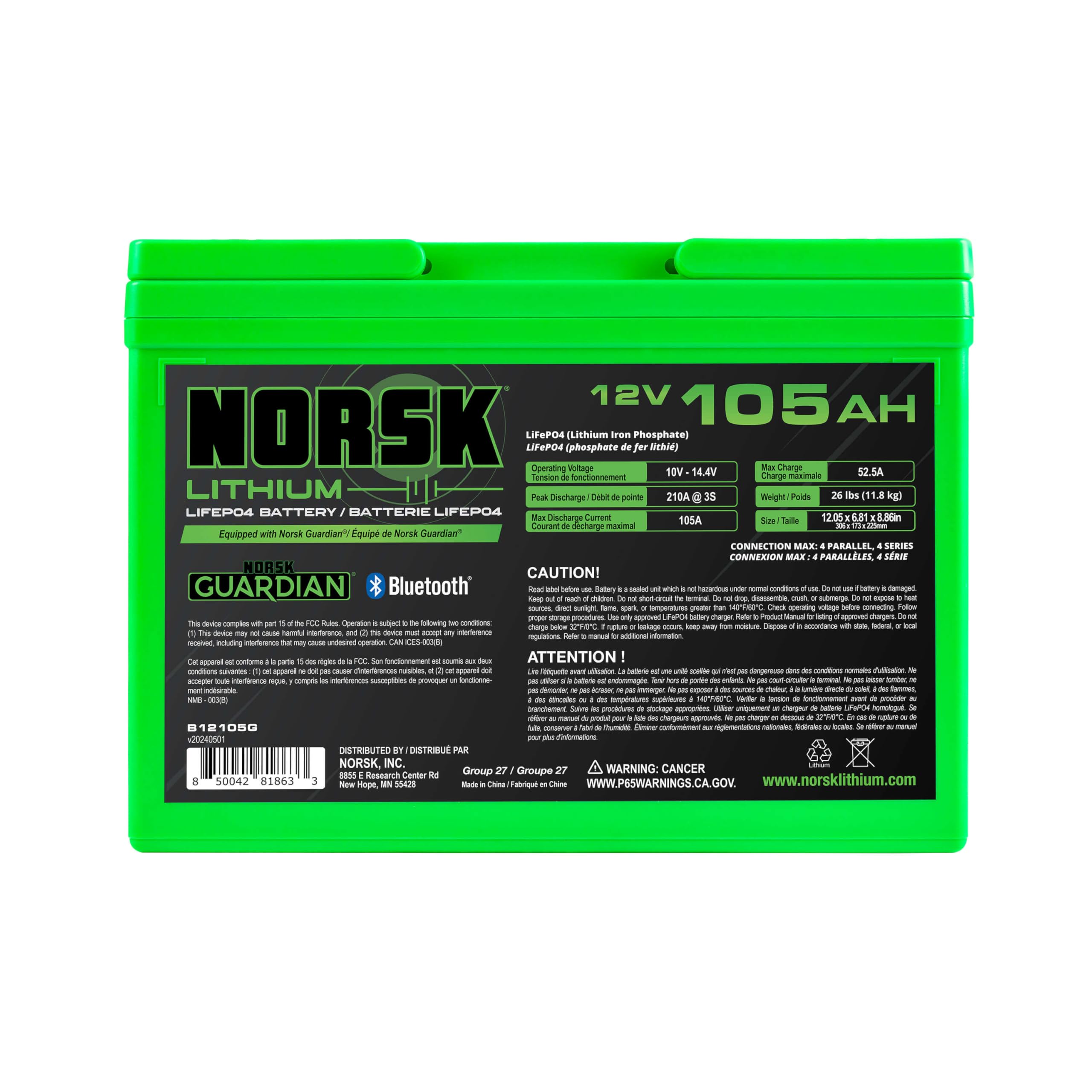 Norsk Lithium 12V 105Ah LiFEPO4 Deep Cycle Marine Lithium Battery | Bluetooth | Deep Sleep | IP67 Waterproof | 10+2 Year Warranty