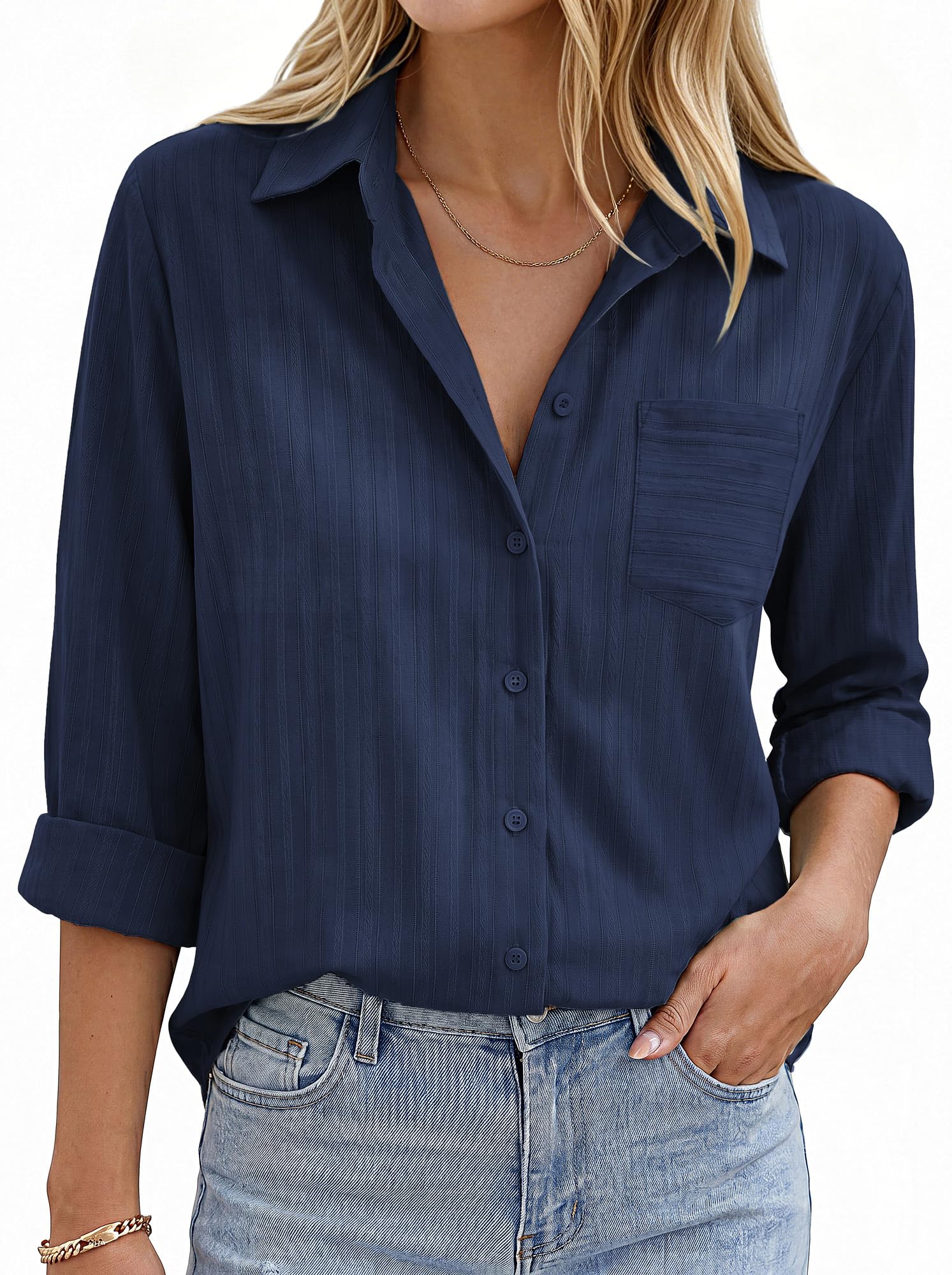 GRACE KARIN Camisa de algodón de manga larga con botones para mujer