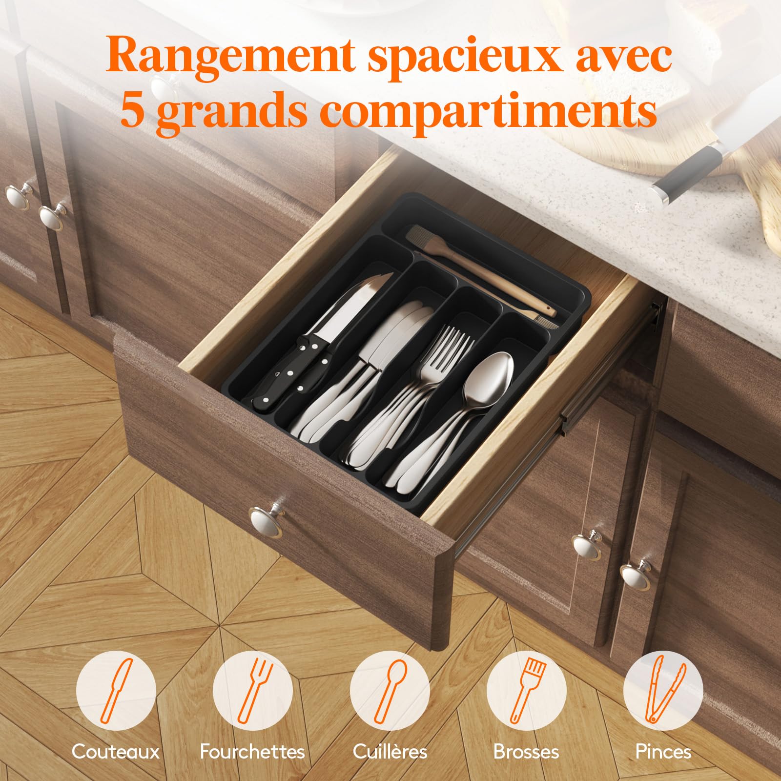 Range-Couverts Pour Tiroir Avec Couvercle - Lifewit - 5 Compartiments Noir - Organisateur Cuisine