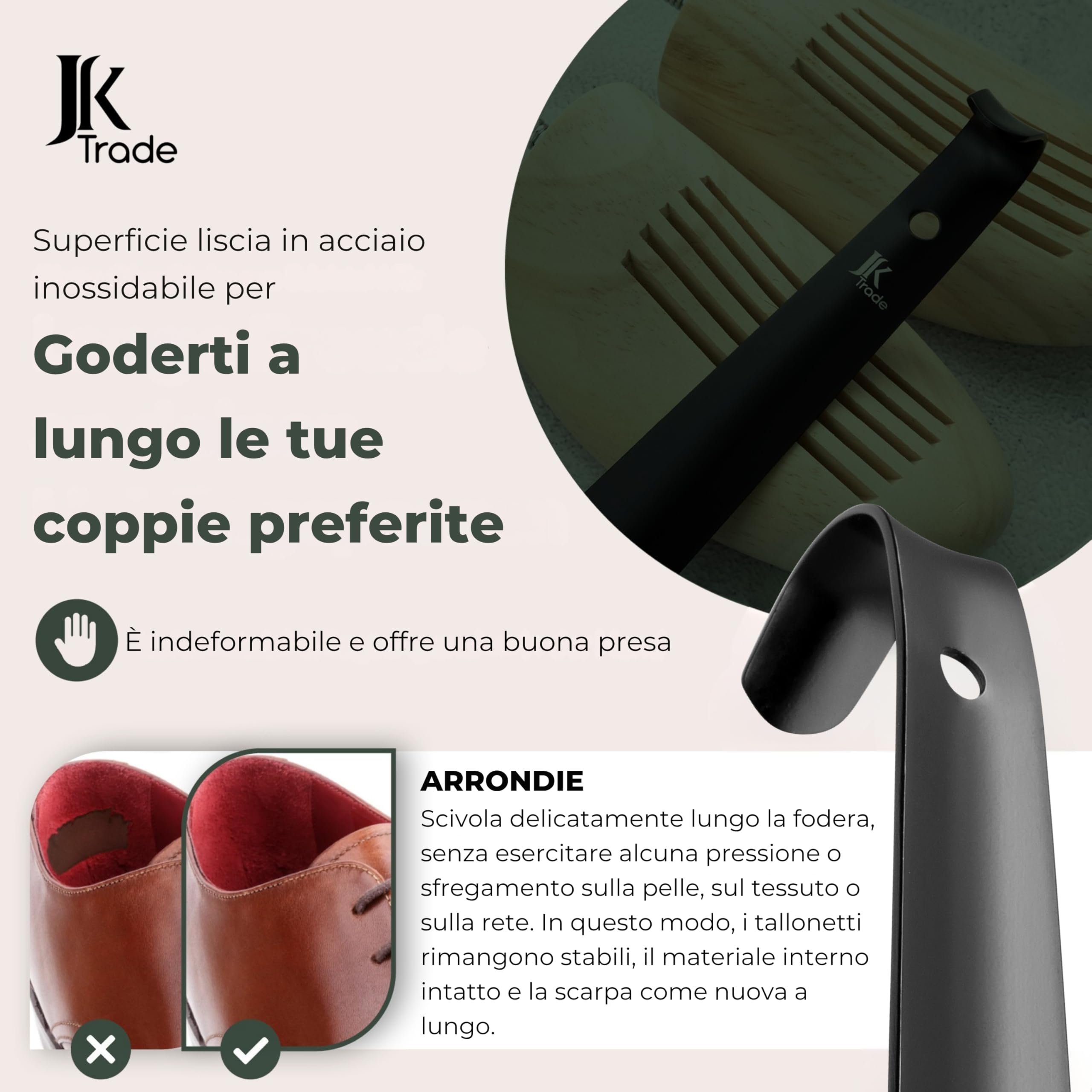 JK Trade® L'originale, calzascarpe in acciaio inox resistente, 72 cm, lungo da appoggiare, in modo rapido e delicato sulla schiena, lunghezza e larghezza ideali, adatto per le scarpe da lavoro
