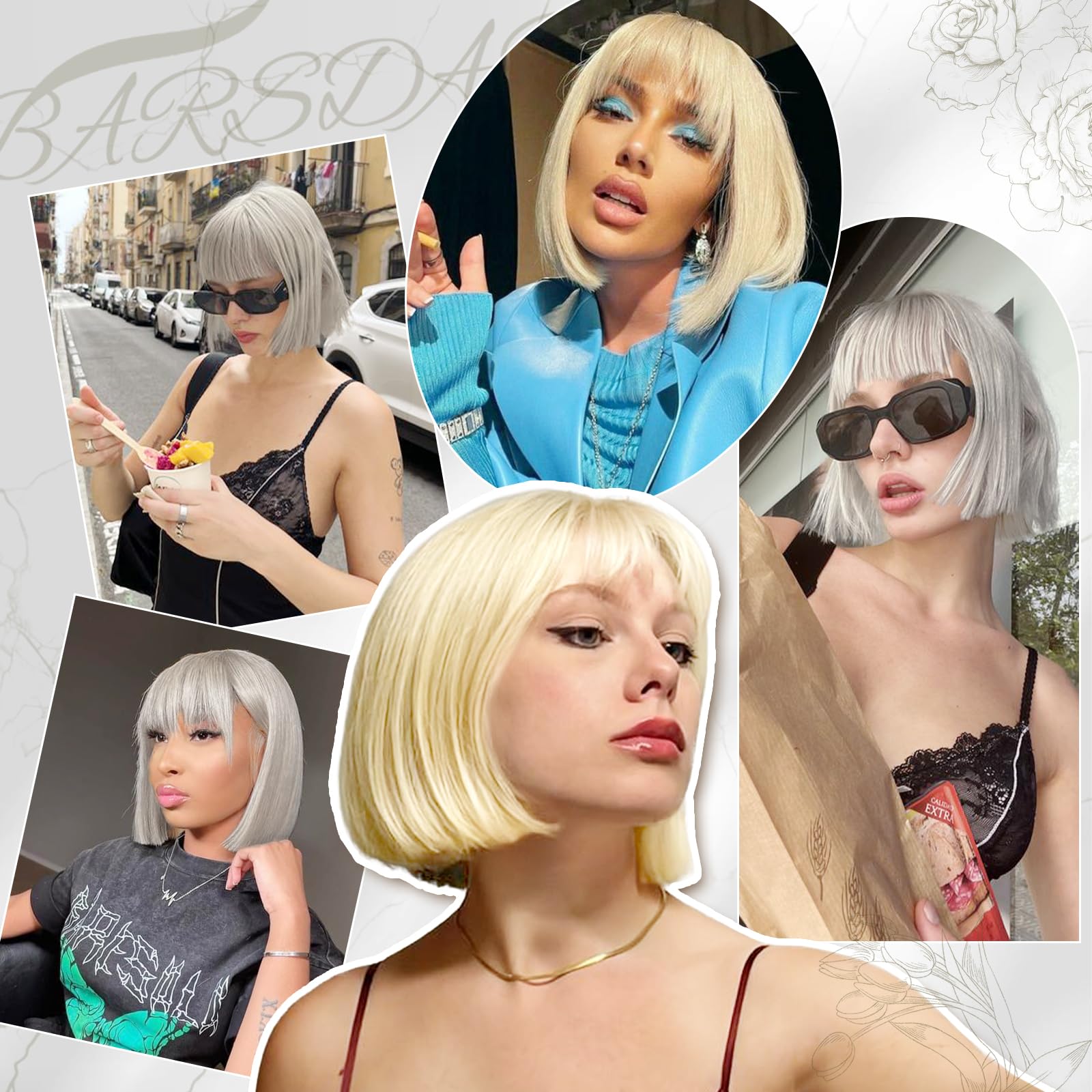 BARSDAR Kurze Blond Bob Perücke, Kurze Platinblond Bob Perücke mit Pony für Damen 30cm Kinnlang Natürlich Aussehend Weich Synthetische Haar Replacement Perücken Halloween Party Bobs Perücken