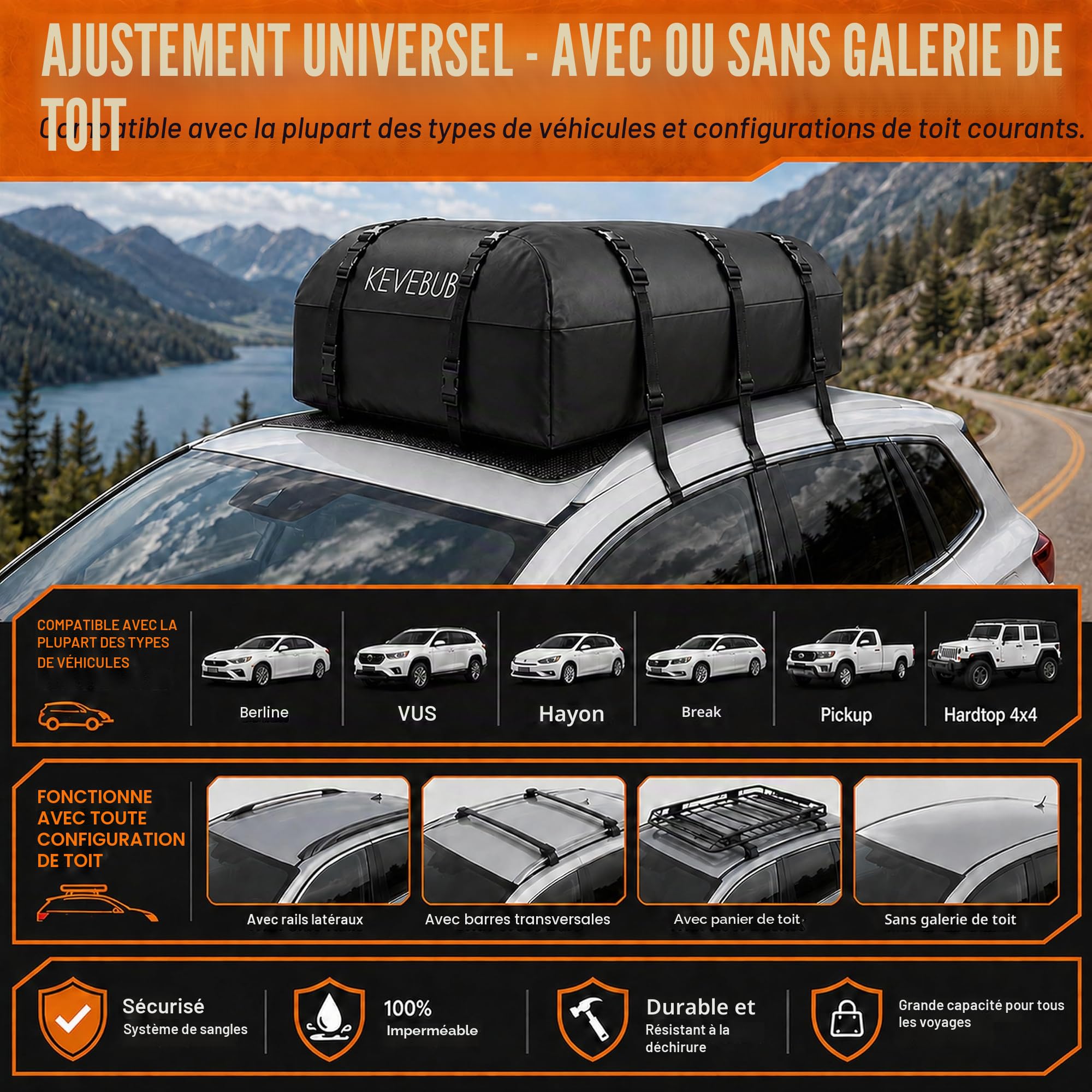 Coffre de Toit Souple - 600L (21 Cu Ft) 100% Étanche - Sac de Toit Voiture Pliable pour Tout Véhicule Avec/Sans Barres - Inclut Tapis Antidérapant, 6 Crochets & Cadenas de Sécurité