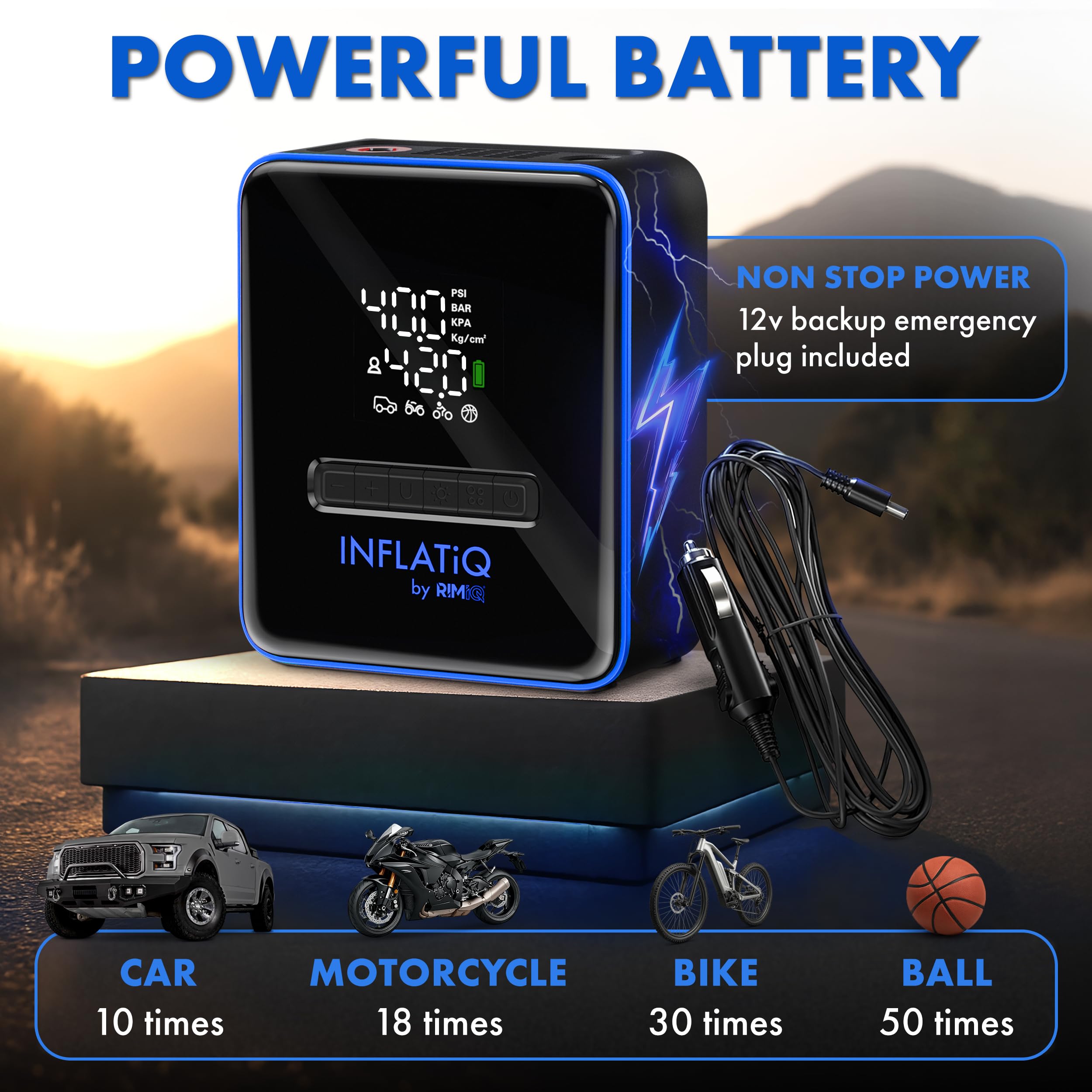 INFLATiQ by RIMiQ Tire Inflator B, potente e premiata tecnologia QWIKFlow con 2 opzioni di alimentazione portatili incluse, potente pompa ad aria per camion, auto, moto, biciclette, palloni e altro