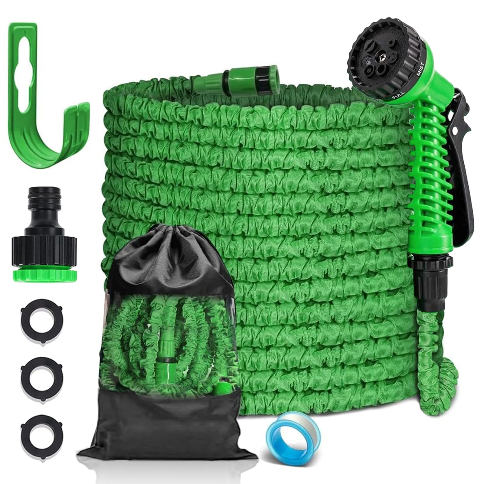 Fascinatdeco Green 50Ft Expandable Garden Hose Pipe, Flexible Expanding Magic Hose With 1/2"& 3/4" Fittings, Expanding Water Hose With 7 Function Spray Nozzle Gun, Lightweight Anti-Kink Durable