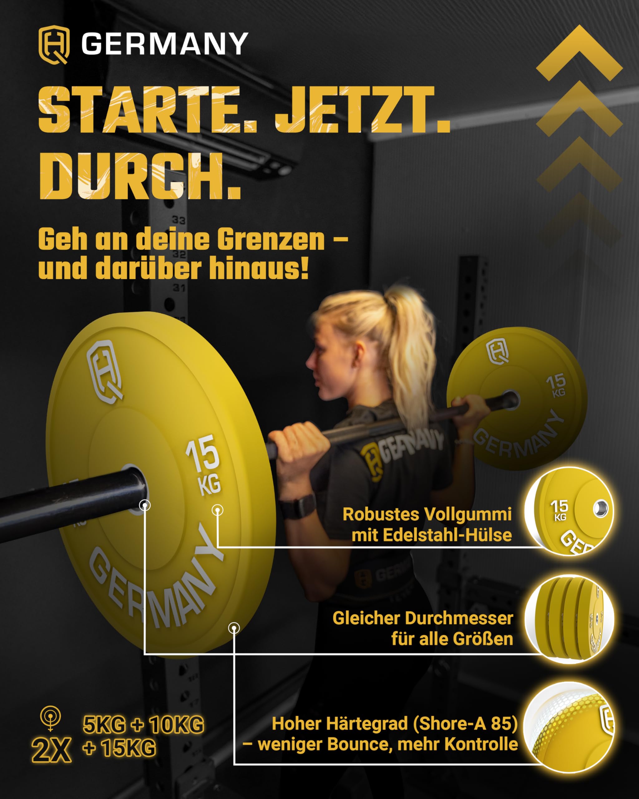 HQ Germany® Bumper Plates 50 mm [Nach IWF-Norm] - Hantelscheiben 5-25kg | Premium Vollgummi, Ø 450mm, 50mm-Bohrung, Shore-A 85 Härte, schmales Design, Edelstahl-Hülse