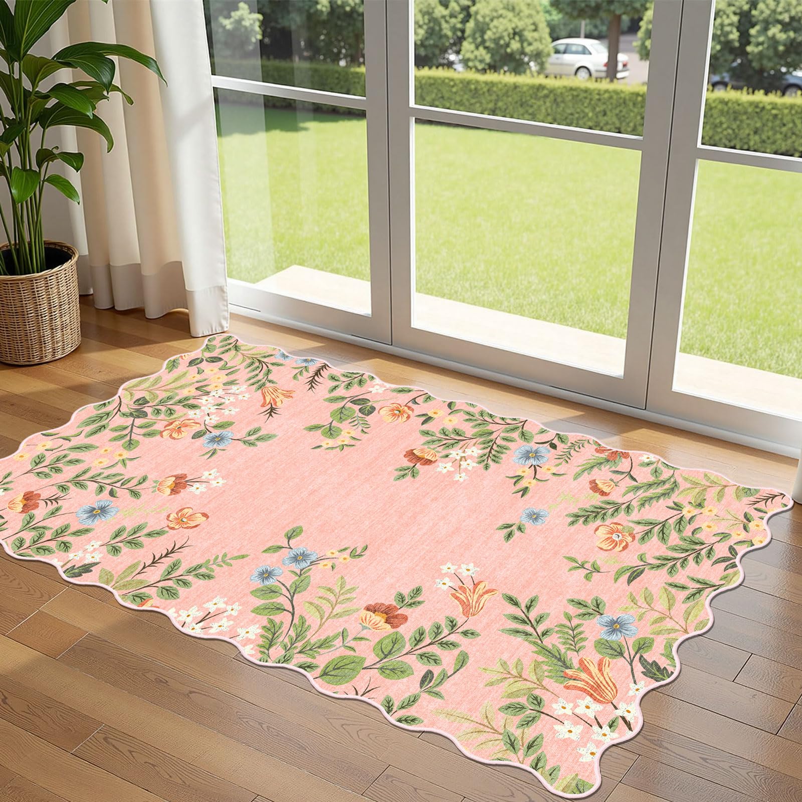 Othilic Pink Floral Entry Rug, 3x5 Ft Indoor Outdoor Mats for Front Door