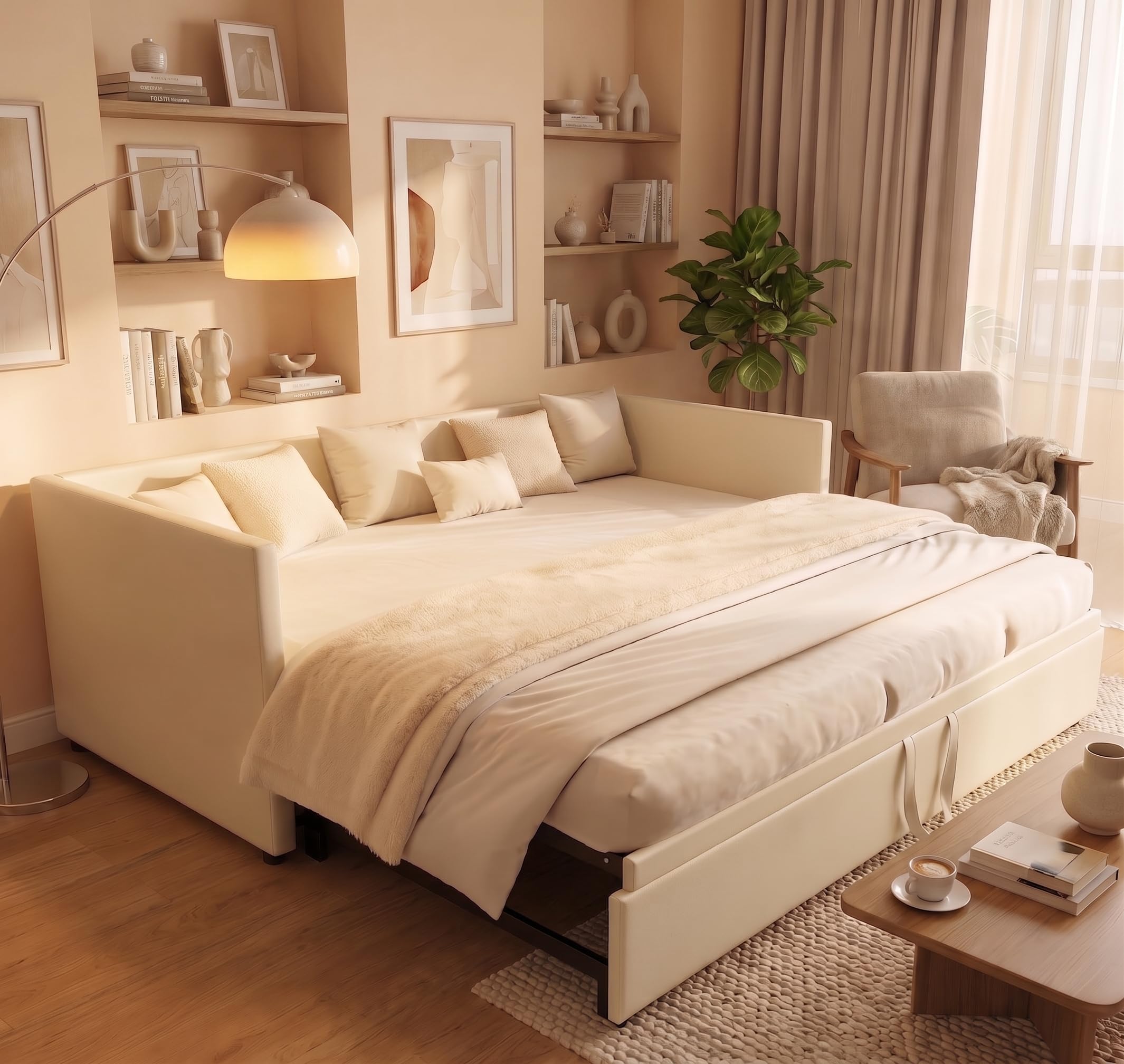 Divano letto, richiudibile, 2 posti, 90/180 x 200 cm, struttura letto, 2 posti, richiudibile, con doghe, estensibile, velluto (senza materasso) (Beige)