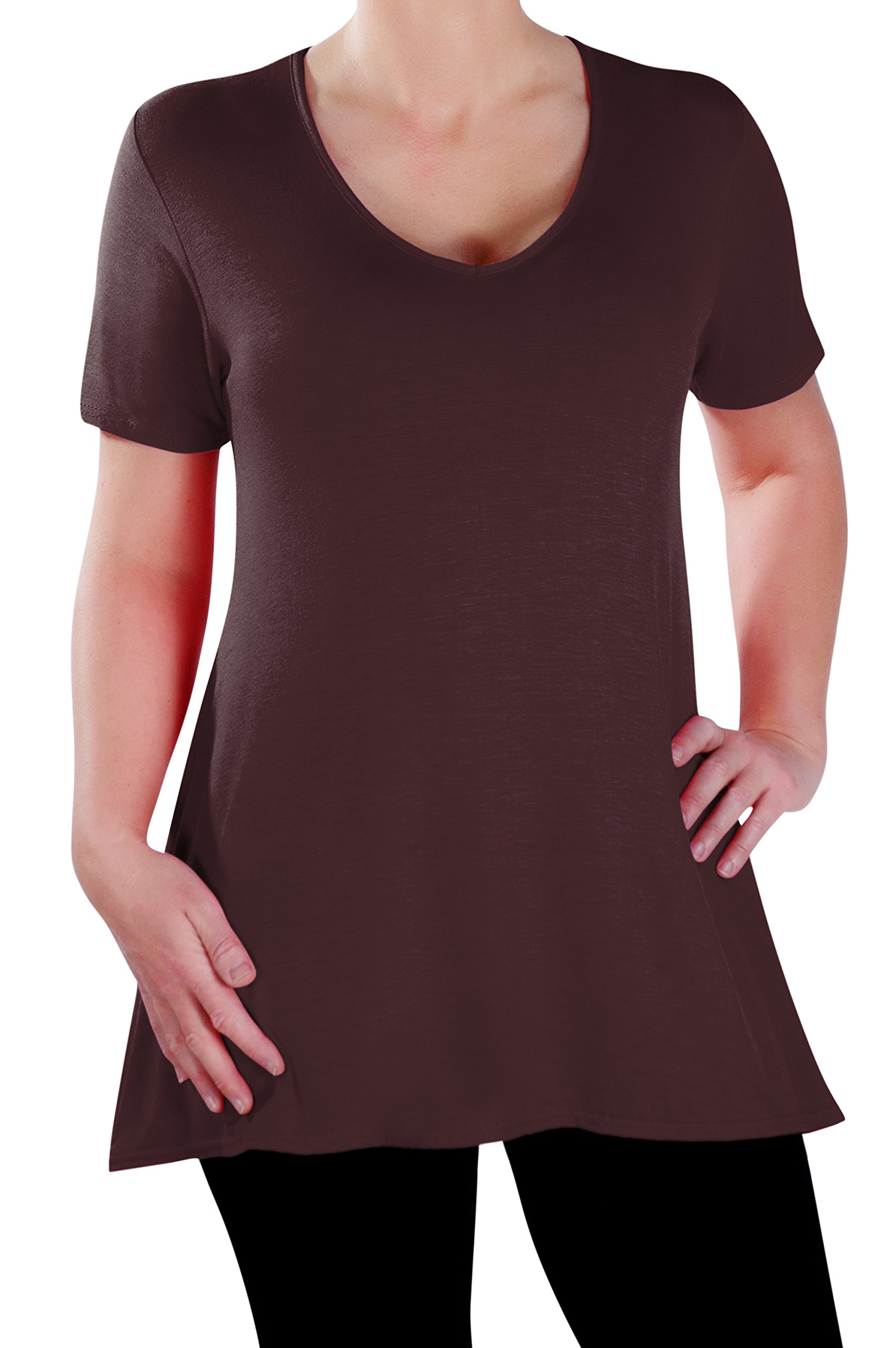 Eye Catch Women's Brown - Delphine V Neck Plus Size Top Short Sleeve Casual Long Flared T Shirt Tunic Tops Size 20