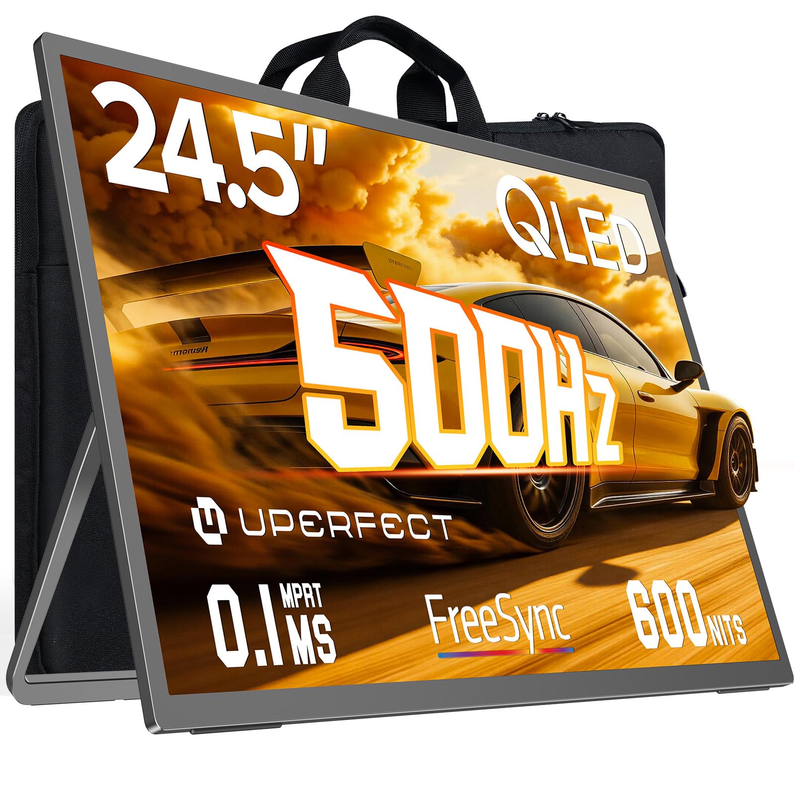 UPERFECT 24,5" 500Hz Przenośny Monitor Gamingowy z FreeSync 0,1 ms 125% sRGB 2000:1 600 nitów, matowy ekran, regulowana podstawa, VESA, drugi ekran do laptopa/PC/konsoli