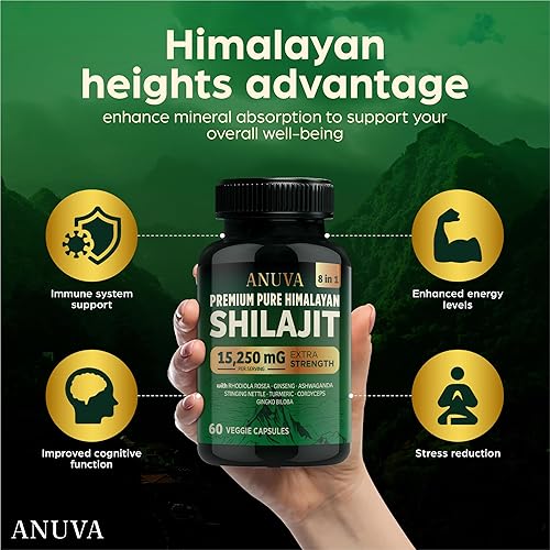 Miniatura 2 de Anuva Pure Shilajit Ultra Himalayan Shilajit Cápsulas 15,250 mg, Orgánico, Ashwagandha, Ginseng, Cordyceps, 60 cápsulas vegetarianas, para hombres y