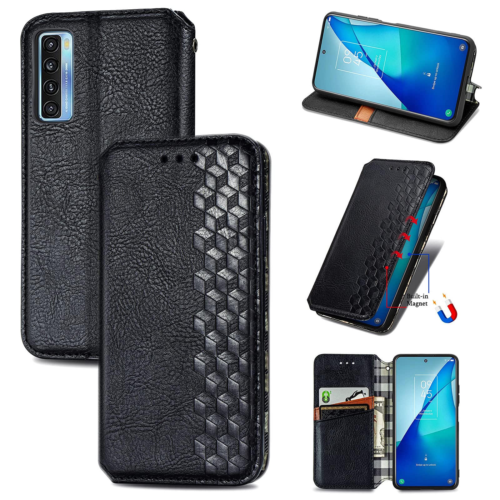 Tcl Flip Wallet Case For TCL 20 Pro 5G - Flip Cover With Card Slots, Magnetic Closure & Kickstand (Blue) Kickstand Phone Cover