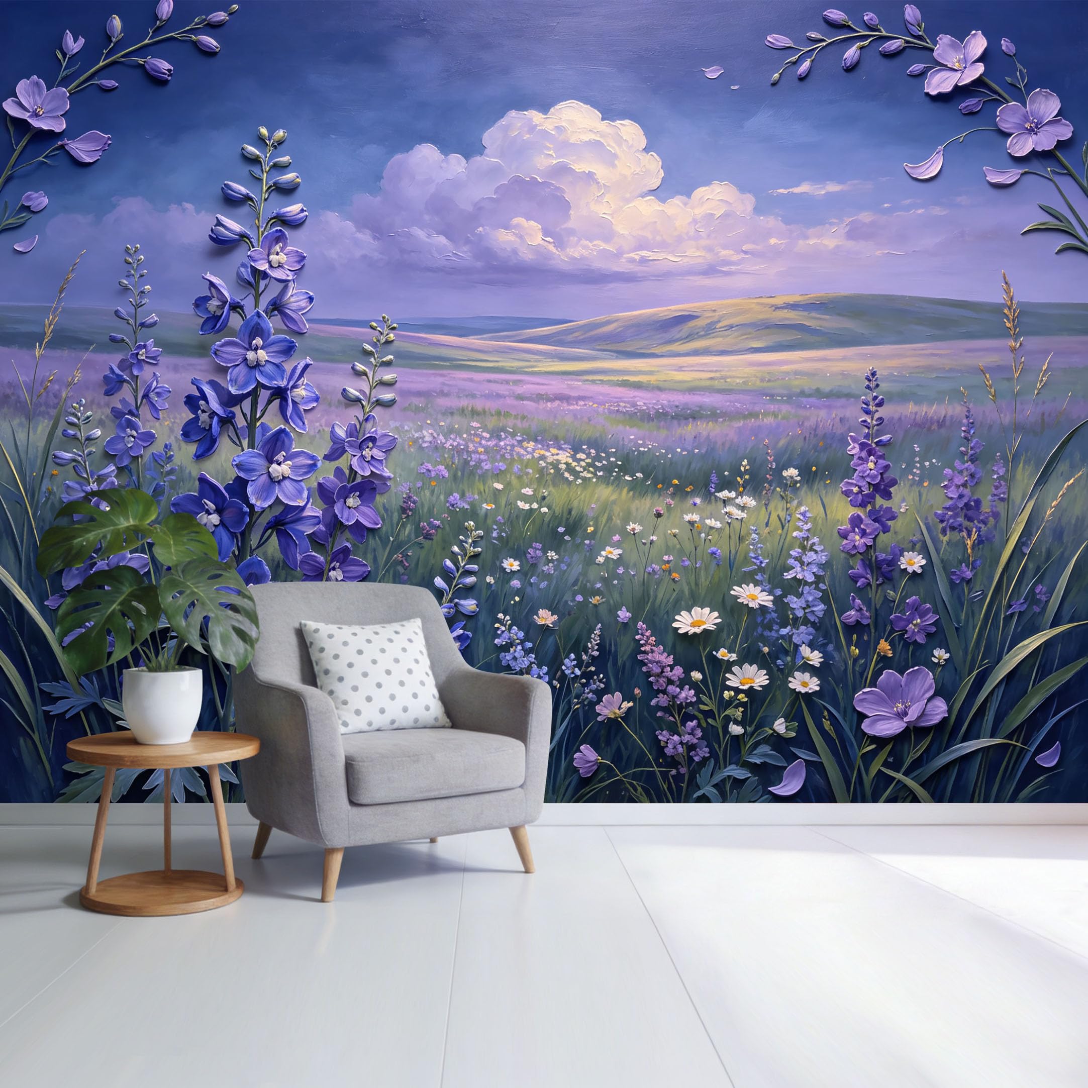 Custom Size Wall Mural Lavender Meadow Landscape Purple Wildflower Field Watercolor Style SelfAdhesive Wall Fabric Removable Wallpaper for Home Office Decor