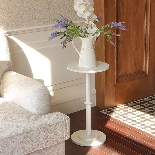 Miniatura 5 de MaxSmeo Mesa auxiliar pequeña para espacios pequeños, mesa auxiliar redonda moderna con patas de madera acanalada, color blanco