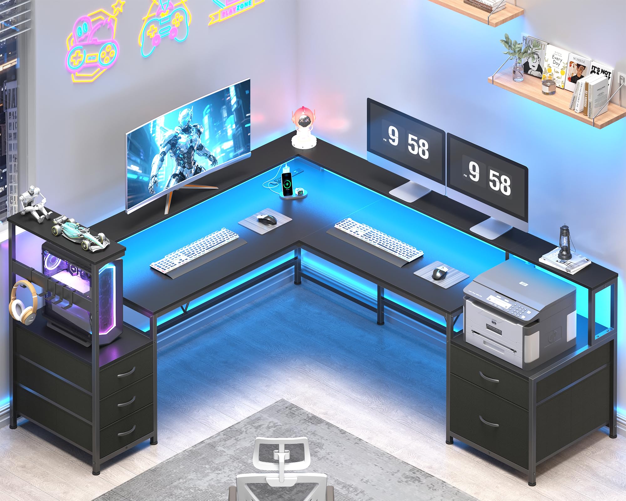 L Shaped Desk with Drawers Storage Shelf Corner Computer Desk with Printer Stand Power Outlet Gaming Desk Home