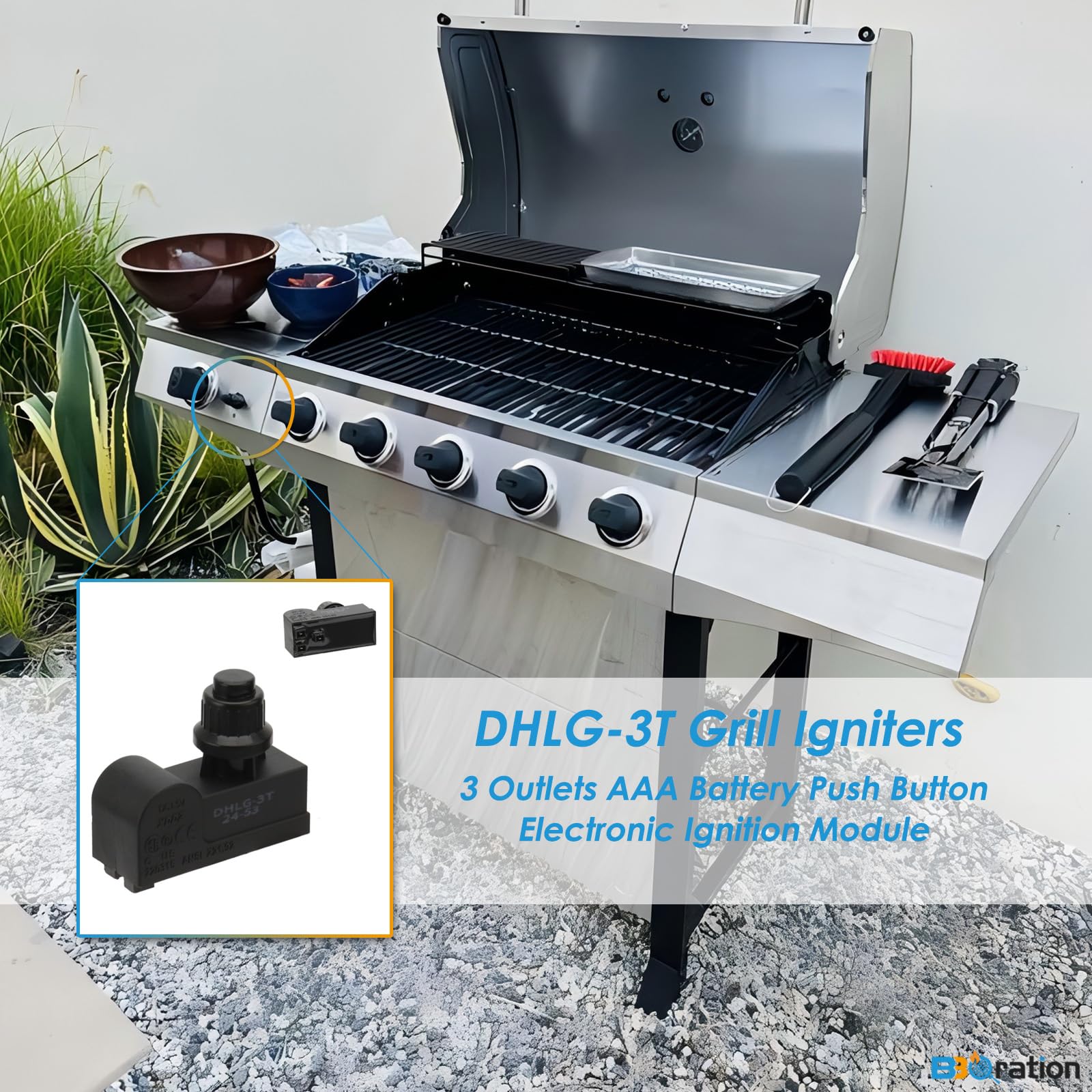 BBQration DHLG-3T Grill Igniters for Charbroil Ignitor Replacement Kit, 3 Outlets AAA Battery Tact Push Button Electronic Ignition Module w/Wires Grill Ignitor for Charbroil Grill Igniter Replacement