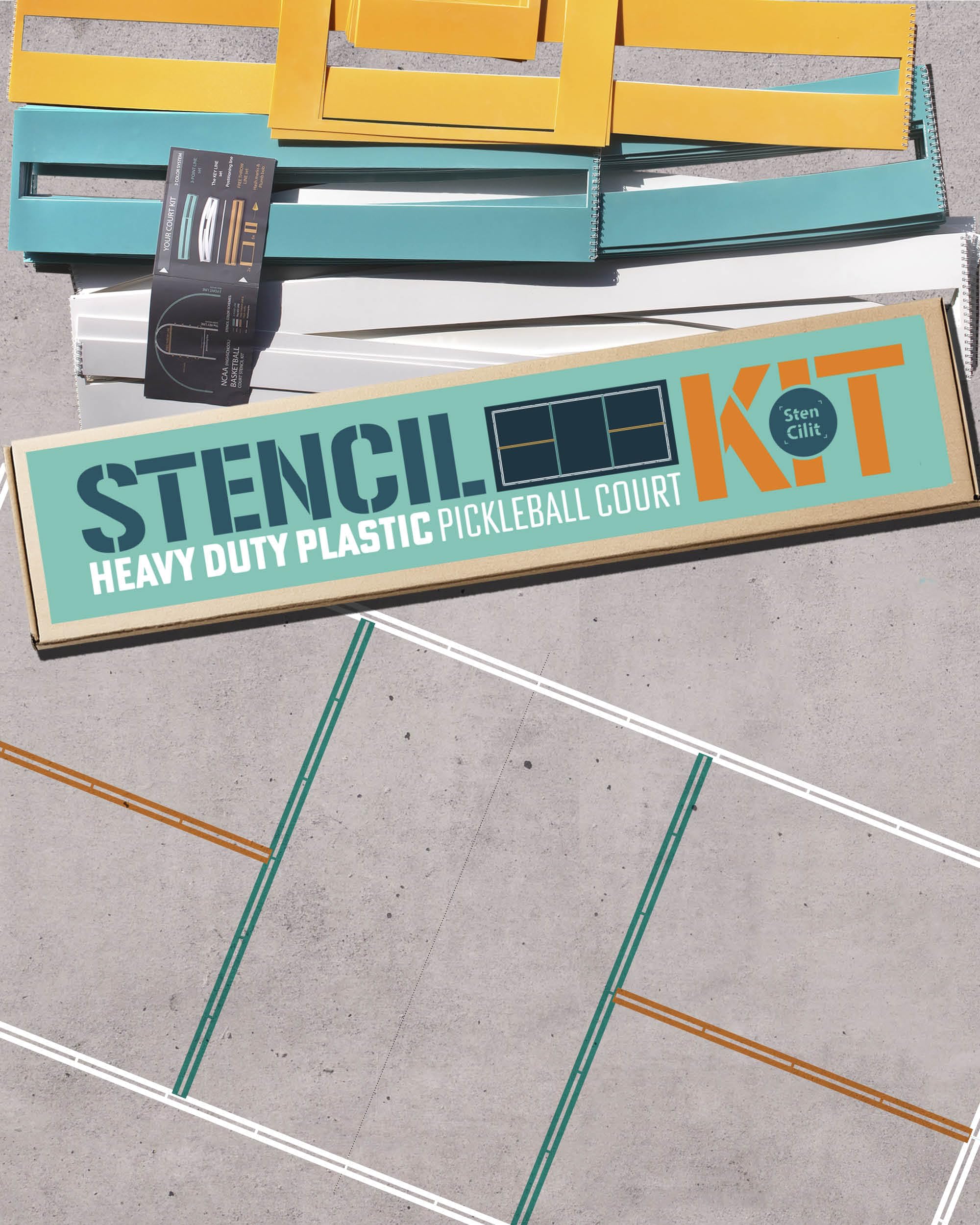STENCILIT Pickleball Court Stencil Kit for Concrete - Thick Plastic, Half-Court Kit for Driveway & Concrete, Reusable, Easy Assembly, for a 44’ Long