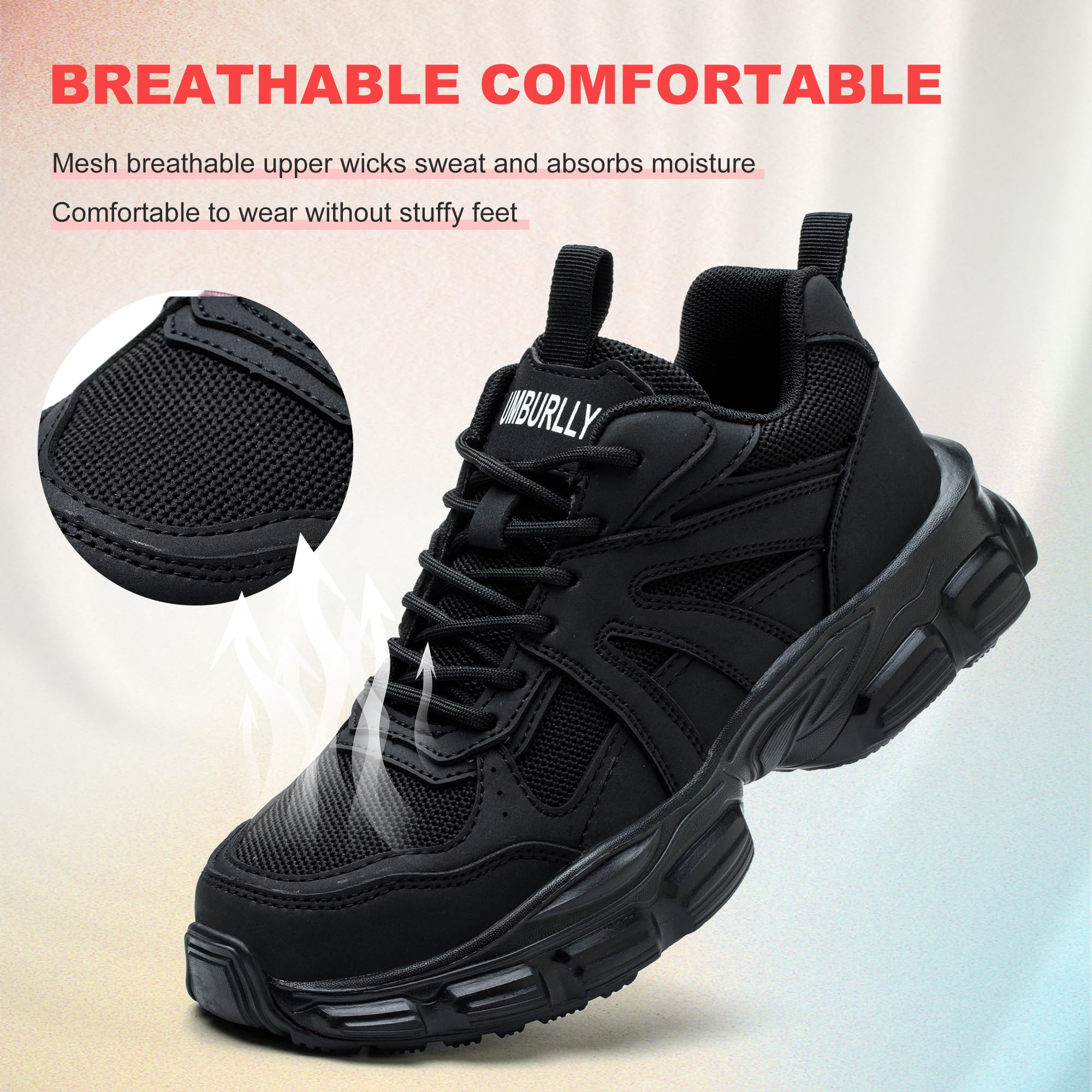 Sicherheitsschuhe für Damen, Stahlkappe, Sneaker, Arbeitssicherheitsschuhe, leicht, atmungsaktiv, Industrie-Sneaker, rutschfest, pannensicher, Schwarz , 39 EU