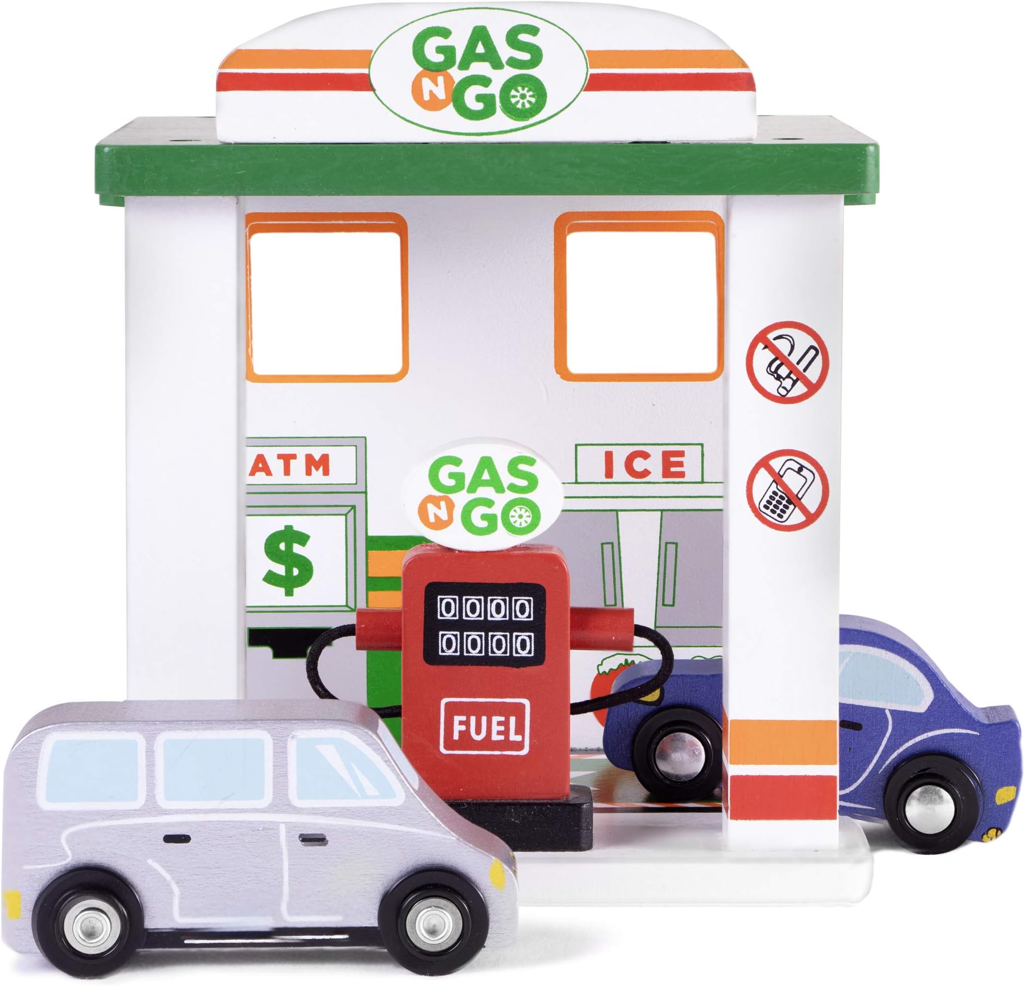 Imagination Generation Gas 'n Go Service Station | Wooden Drive-Thru Fuel Pump Children's Toy Playset with 2 Cars