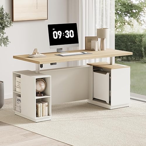 71" Standing Executive Desk with Privacy Panel, Large One-Piece Electric Height Adjustable Stand Up Desk with Charging Station, File Cabinet Storage, Home and Office, Light Walnut