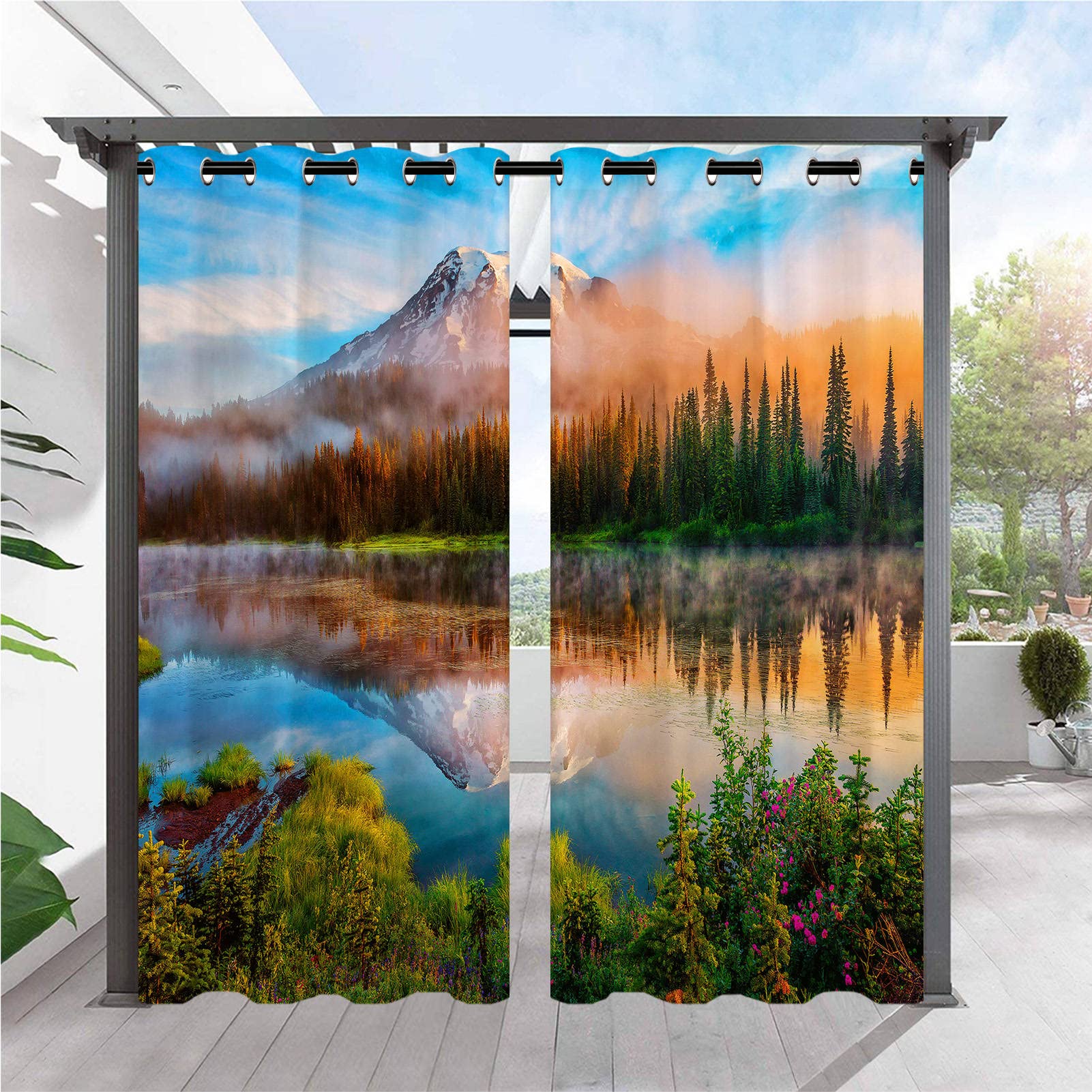 ANHOPE Outdoor Curtains Waterproof Eyelet Ring Top Drapes Nature Misty Forest Mountain Lake Print Pattern Privacy Outside Curtains for Garden Patio Gazebo Pergola Porch Pool 2 Panels 52 x 108 Inch โ image 1