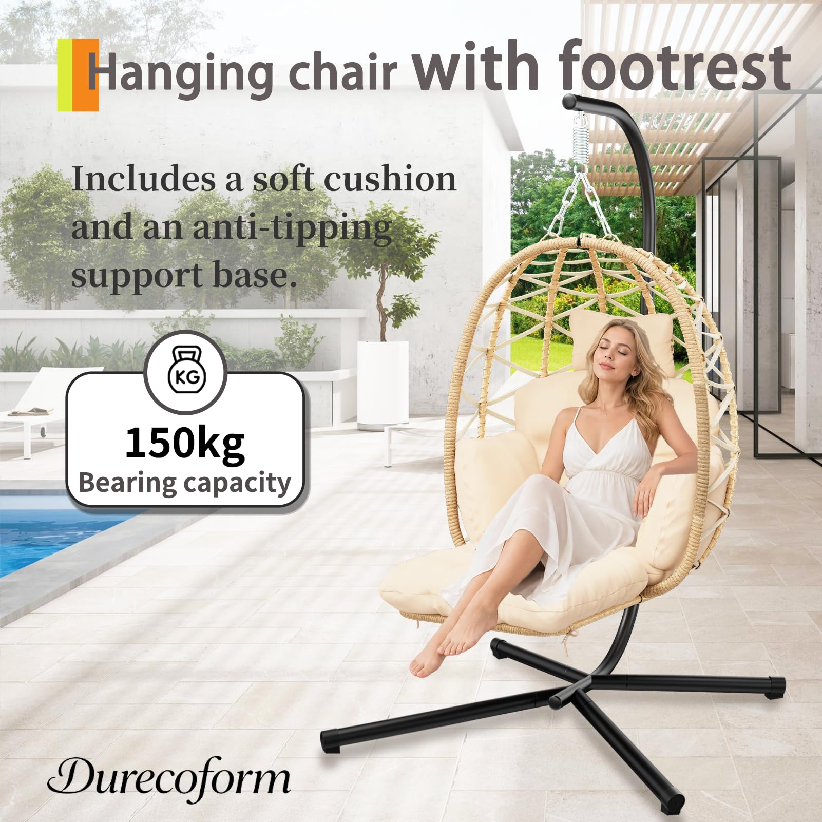 Silla colgante con estructura, cesta colgante con reposapiés y cojín grueso, sillón colgante de ratán, muebles para jardín, balcón, salón, soporta hasta 160 kg (beige)