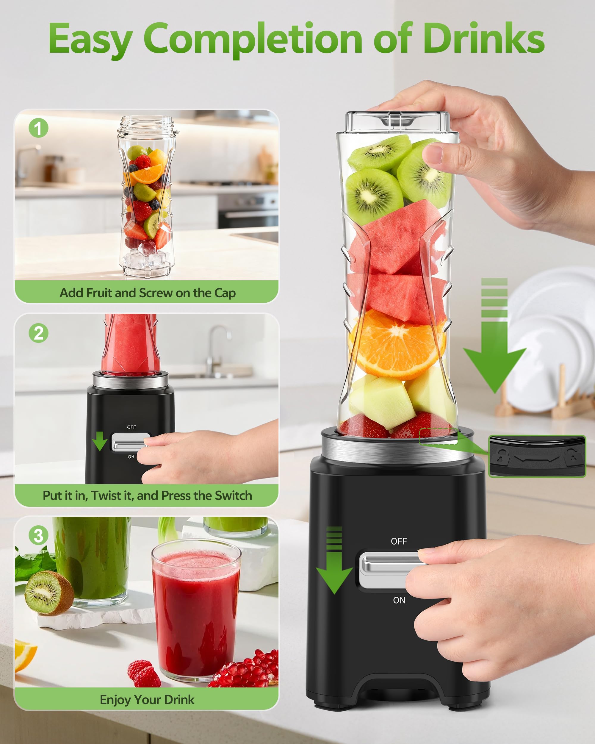 500W Batidora de Vaso,Batidora Portatil con 2 Botellas 600ml sin BPA,4 Cuchillas Inox,22000 rpm,Batidora Smoothies,Smoothie Blender, Mini Licuadora,Portable Blender,Mini Batidora Portatil