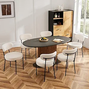 Sweetcrispy Dining Chairs Set of 6, Boucle Upholstered Modern Mid Century Round Kitchen Chairs with Curved Backrest & Metal Legs for Vanity, Living Room - Classic Beige