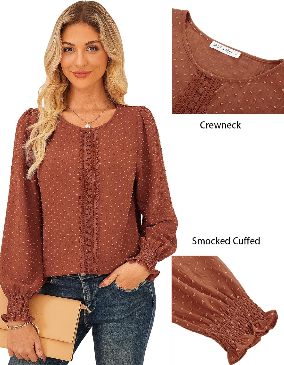 GRACE KARIN Womens Long Sleeve Tops Casual Swiss Dot Lace Crochet Shirts Dressy Crewneck Blouses 2025 - Image 4