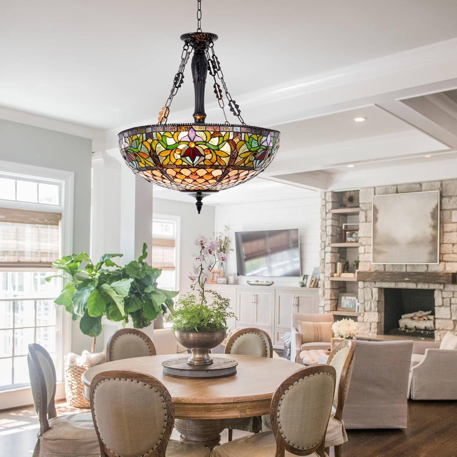 Tiffany Style 5-Light Stained Glass Chandelier 19" Vintage Inverted Ceiling Light Fixtures Victorian Adjustable Pendant Lighting for Kitchen Island Bedroom Farmhouse