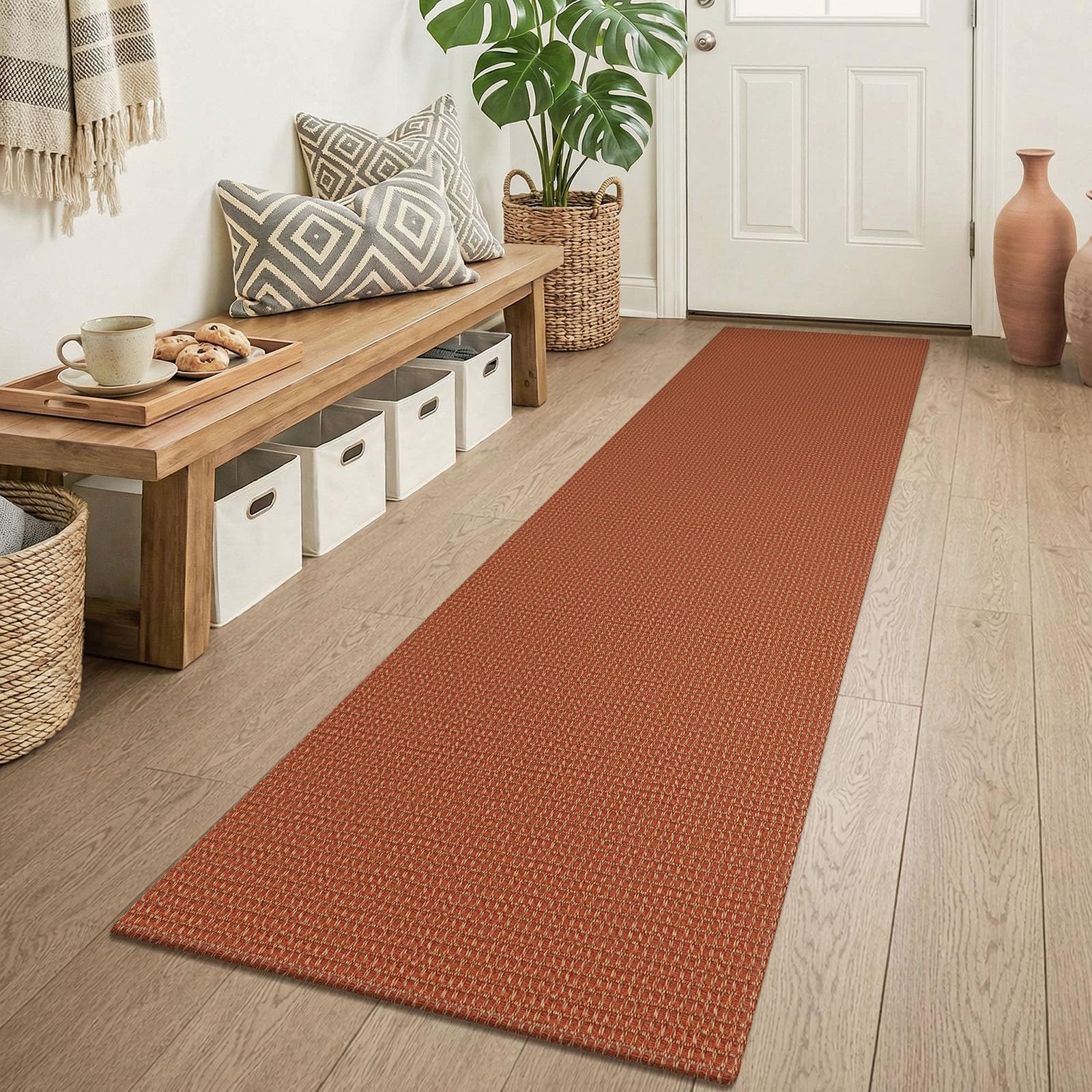 KOZYFLY Runners for Hallways 2x6 ft Washable Kitchen Runner Non Slip Rubber Backed Hall Runners Cotton Entryway Runner Rugs Floor Indoor Backdoor Bedroom Kitchen, Burnt Orange/Tan — image 1