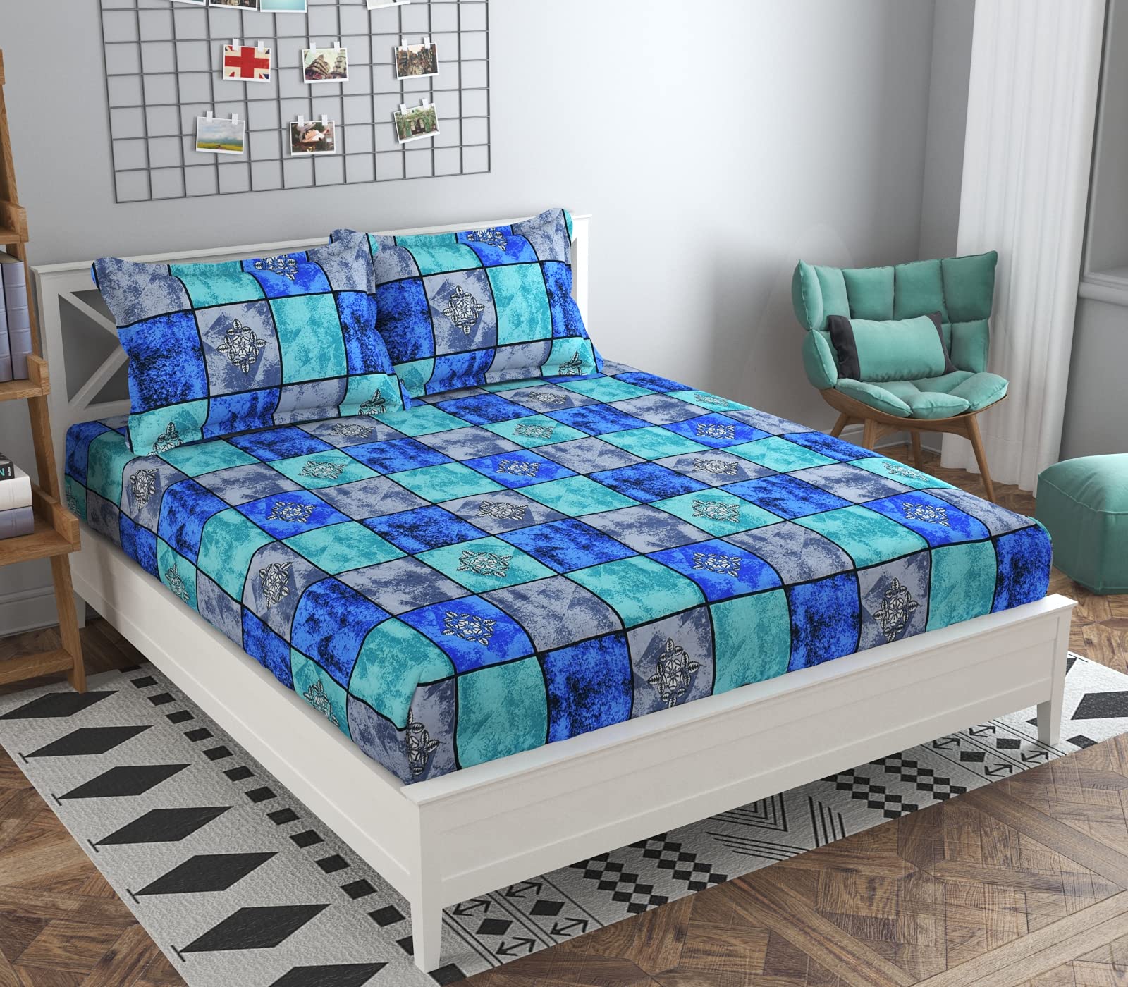 Apala® Beautiful 144 TC 100% Polycotton Classic Elegant Color Box Design One Double Bed Sheet with 2 Pillow Covers (Bedsheet Size 90x90 Inch)(Pillow Cover Size 18x28 Inch) (Blue)