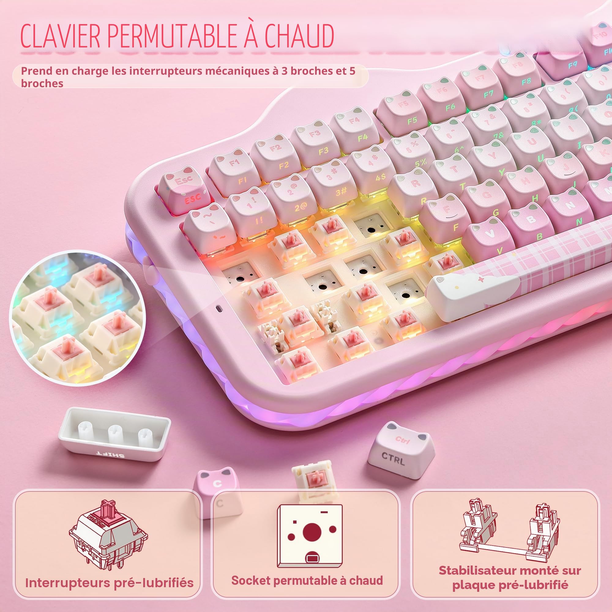 YUNZII C98 Clavier Mécanique sans Fil Thème Gâteau (Rose Mao, Candy) | Touches Transparentes MAO Oreilles de Chat, Bluetooth/2.4G/USB-C Filaire, Gasket, RGB, QWERTY, pour PC/Mac