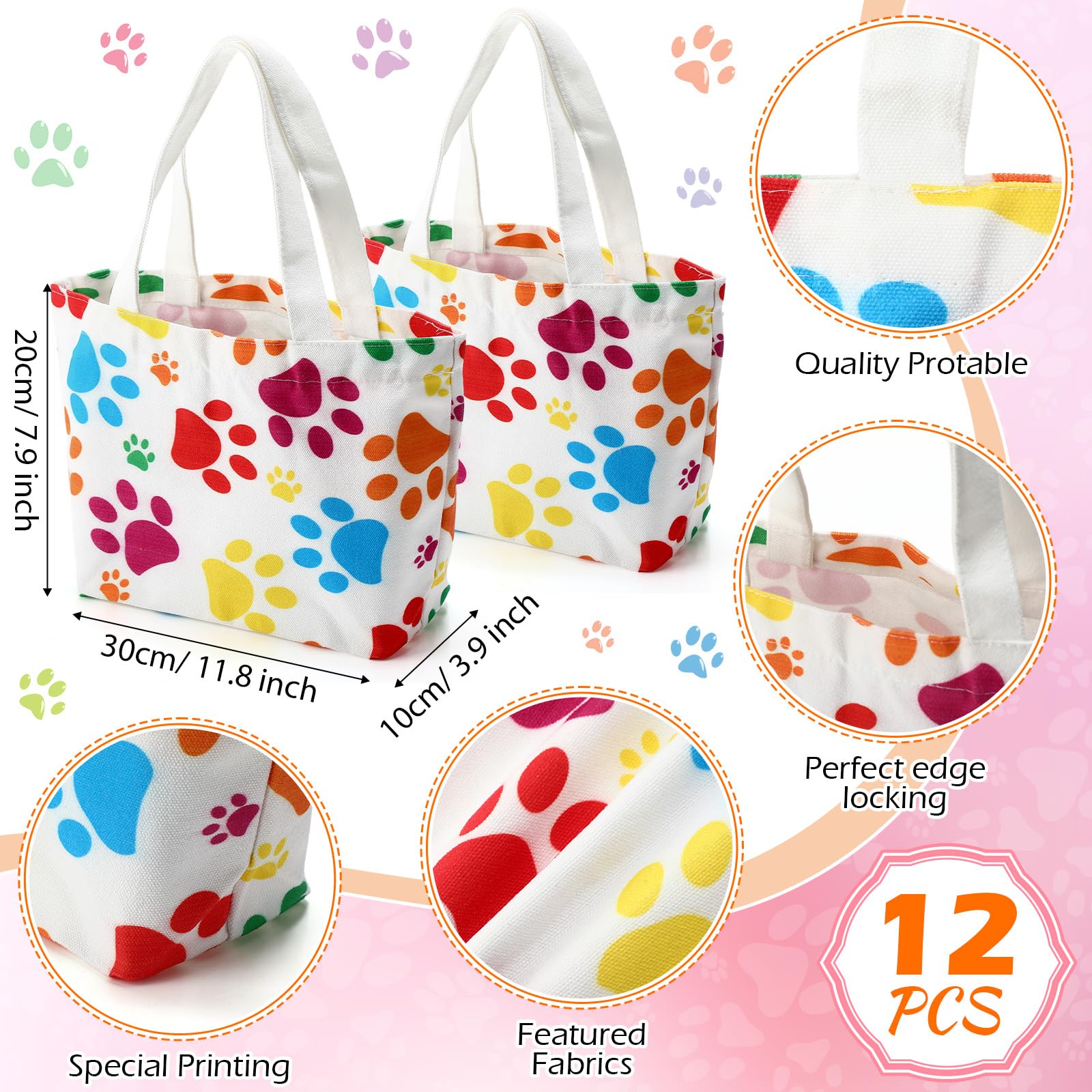 Dansydaisy 12 pcs Dog Paw Print Gift Bags Puppy Canvas Bags Pet Treat Bags 11.8 x 7.9 x 3.9 Inch Reusable Gift Goodie Bags for Puppy Pet Treat Birthday Party Supplies