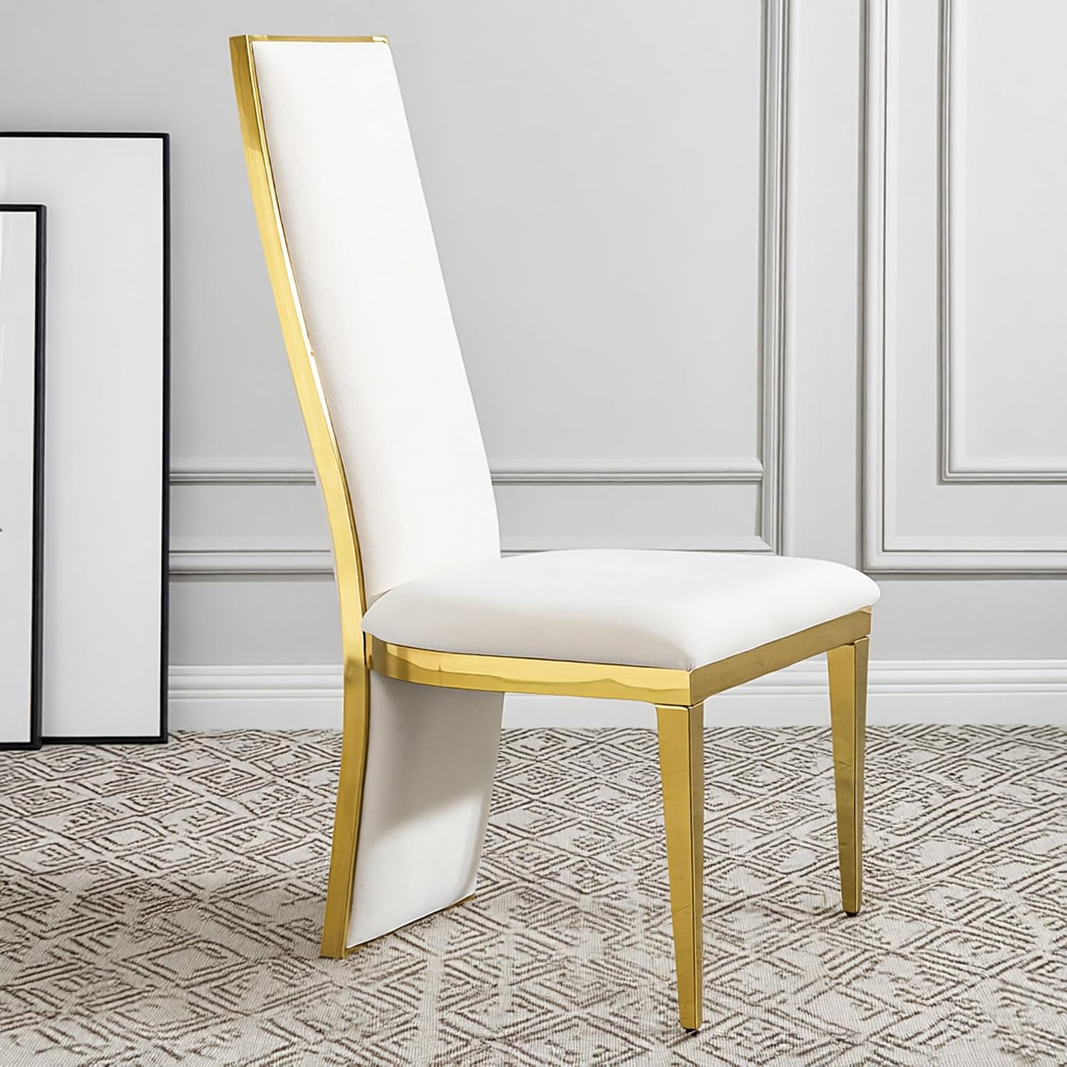 Modern High Back Dining Chair for Dining Room, White Velvet Fabric Upholstery, Restaurant Chair with Luxury Gold Metal Frame,Set of 6