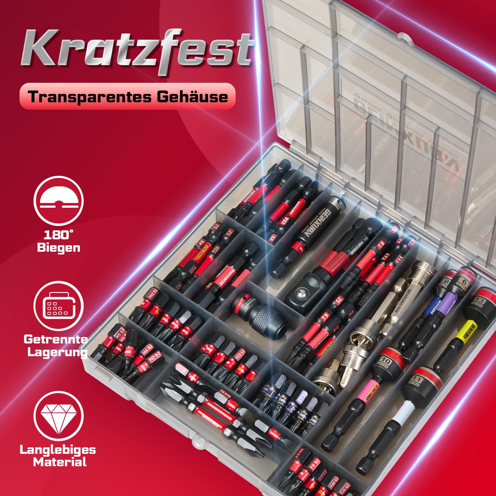 Geinxurn 99tlg. Schrauber Bits Set (Torx, Kreuz, PZ, Hex, SL), S2-Stahl Magnetische Bitsatz, inkl. Bit Halter, Stecknuss Adapter, Steckschlüssel, PH2 Bit mit Tiefenanschlag im Grau Aufbewahrungsbox