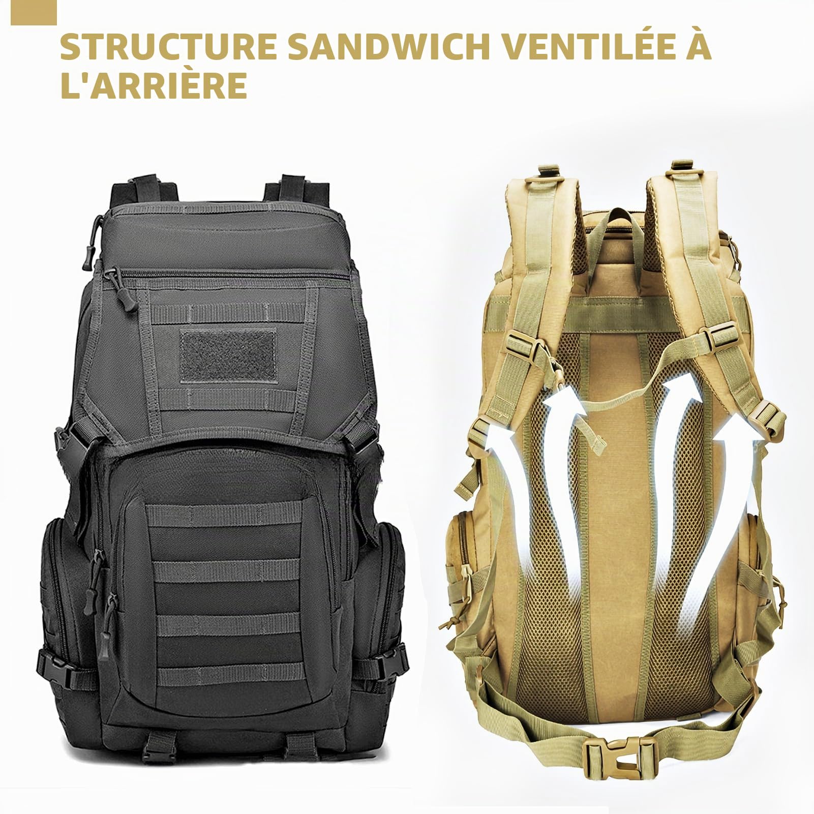 RAPIDSKY Sac à Dos Tactique Randonnée Durable à Grande Capacité (35L/50L) - Sac à Dos Étanche pour Extérieures 1-3 Jours avec MOLLE, Idéal Randonnée Camping