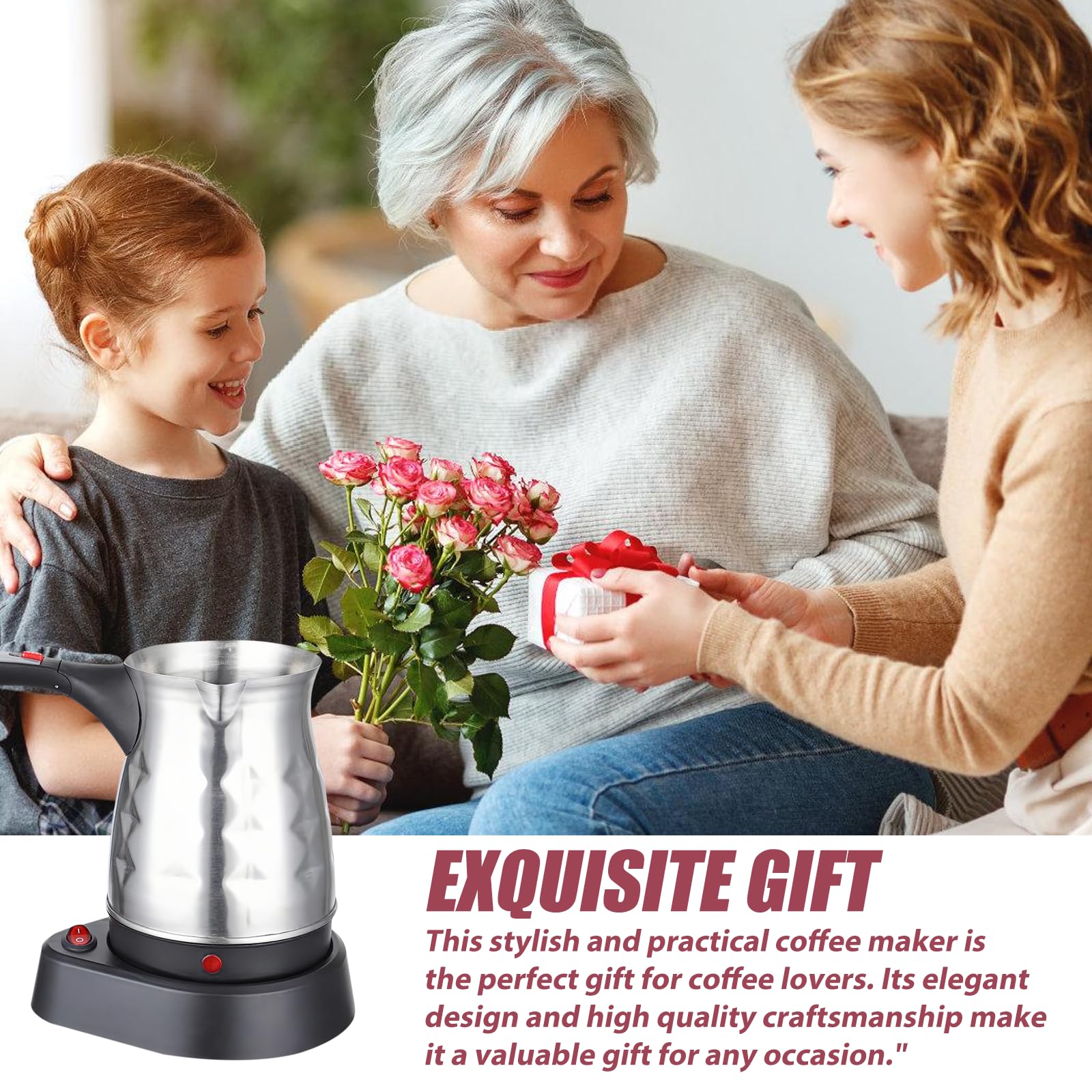 Elektrische Türkische Kaffeemaschine, 500ML Edelstahl Turkischer Kaffeekocher mit Faltbar Handgriff, Türkischer Mokkakocher, für Familie, Büro - 600W - Silber