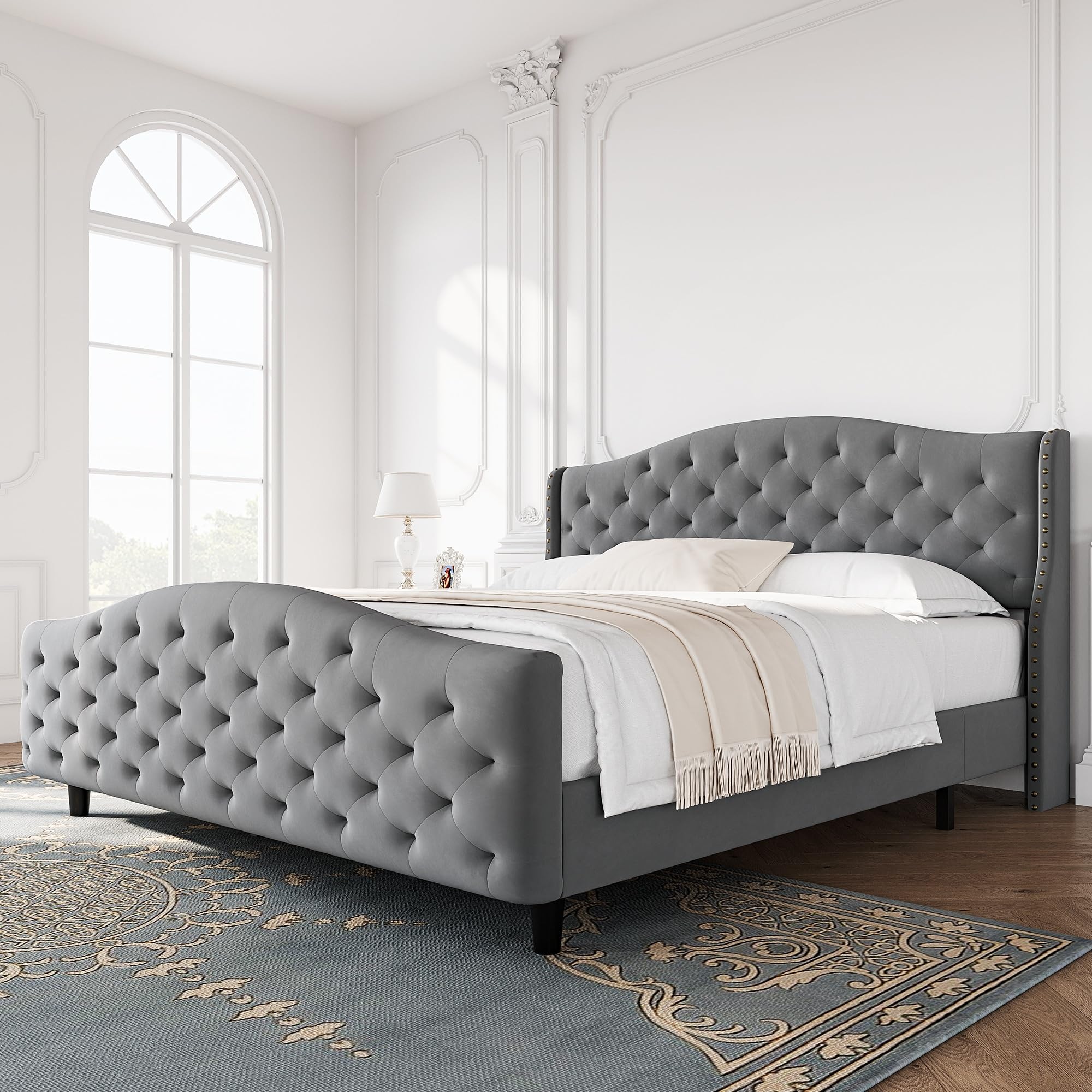 Modern Upholstered King Bed, Gray Velvet 