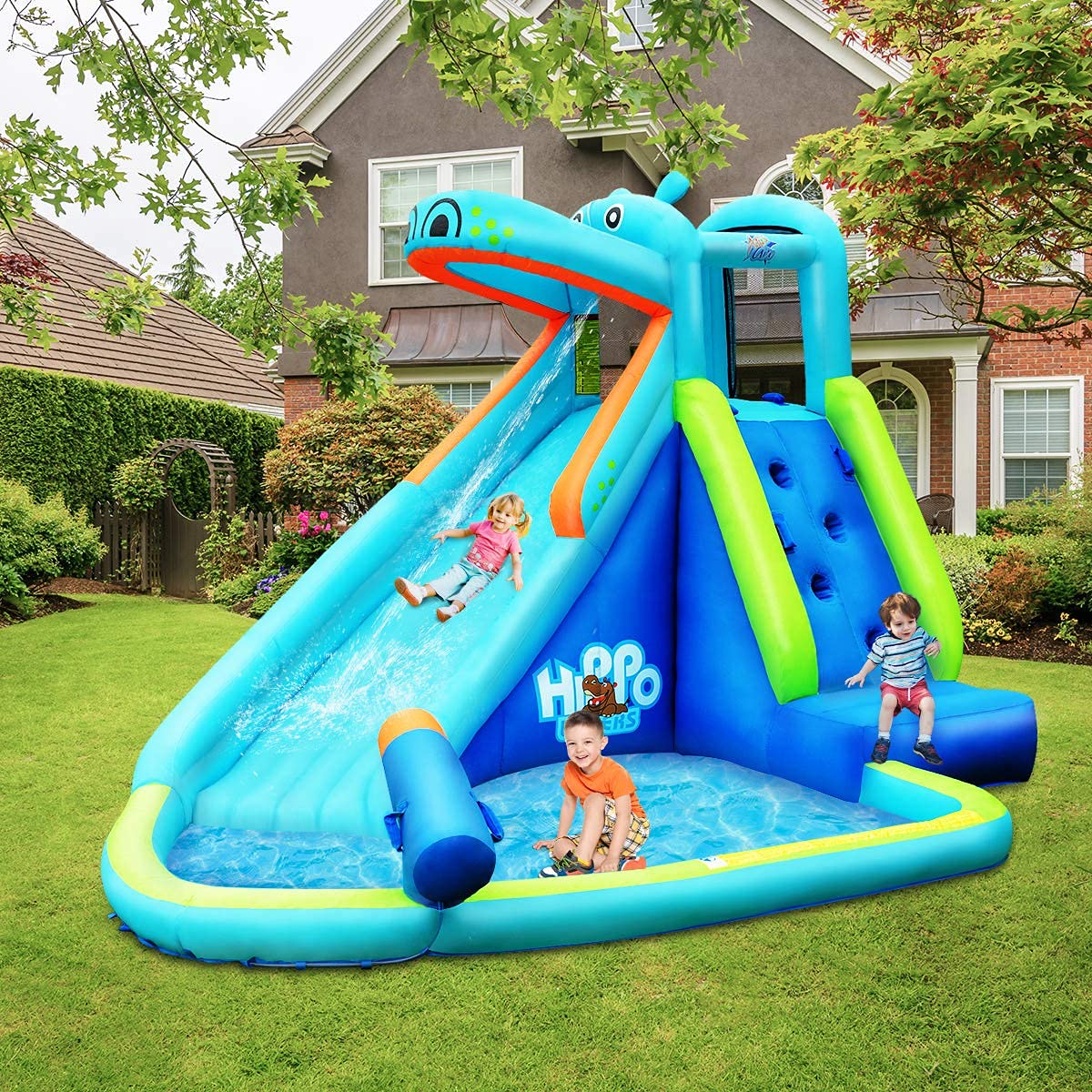 COSTWAY Hüpfburg aufblasbar, Wasserrutsche Aufblasbare Spielpool, Wasserspielcenter mit Rutsche, Wasserpark Planschbecken 350x300x225cm