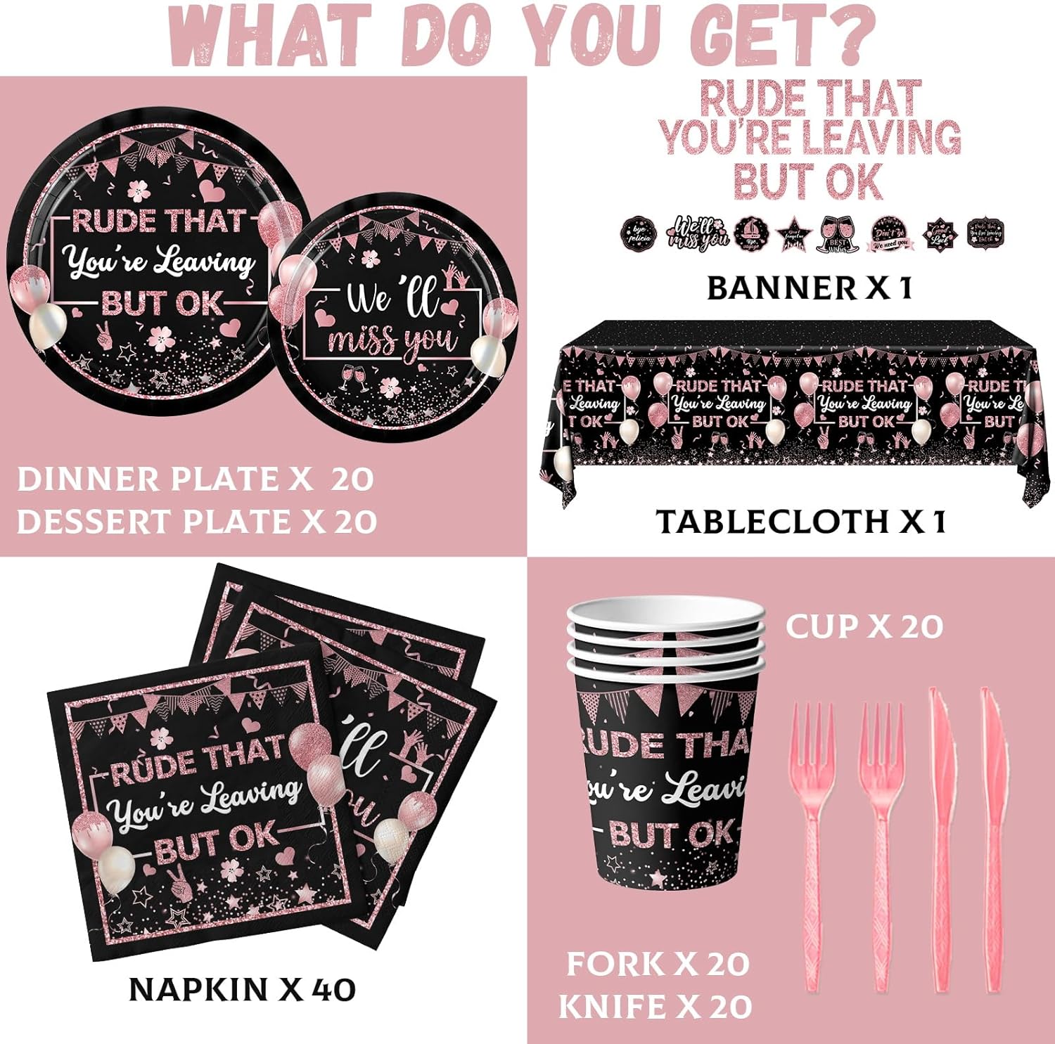 142pcs Going Away Party Decorations Rude That You’re Leaving But OK Party Supplies for Coworkers Retirement Leaving Farewell Paper Plates Napkins Banner We Will Miss You Decorations(Rose Gold)