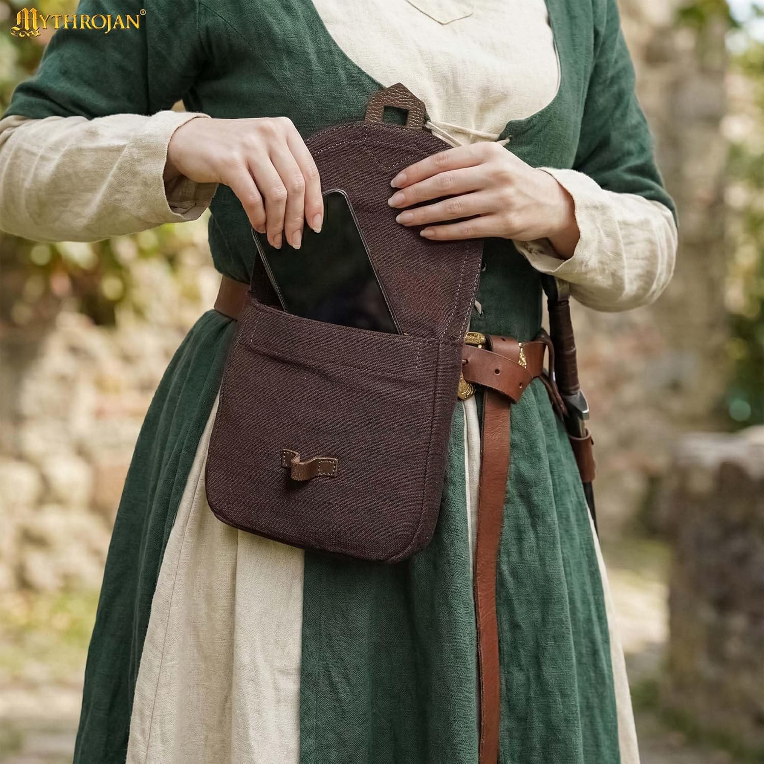 Mythrojan Belt Pouch Viking Canvas Belt Bag Medieval Bag Renaissance Costume Accessories LARP Waist Bag Cosplay Coin Purse Antique Vintage Coin Pouch - Brown - Image 6