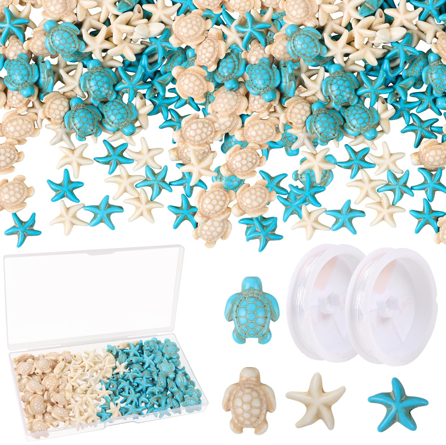 GOKEPO 240Pcs Turtle Beads Starfish Beads Turquoise Spacer Beads with 2 Elastic Thread and Box Synthetic Ocean Sea Theme Turtle Beads for Jewelry Making DIY Bracelets Necklace Earrings Hair Ties