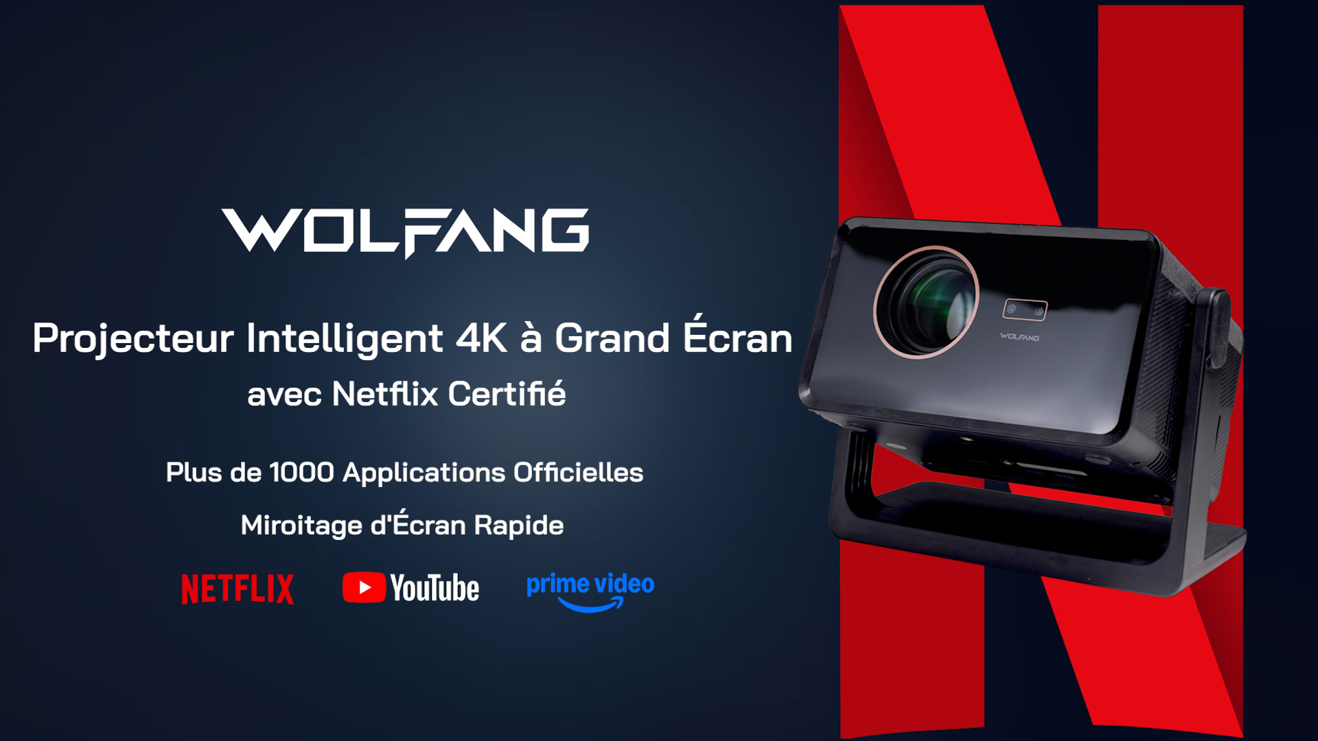 WOLFANG 4K Videoprojecteur[Application Intégrée/Netflix Officiel], 26000 Lumen Retroprojecteur avec WiFi 6, Zoom 50%, 180° Rotat