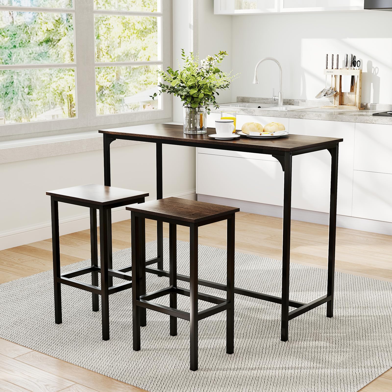 COSTWAY Tavolo con 2 Sgabelli in Metallo e Legno, Set da Pranzo 3 Pezzi, Tavolo Rettangolare da Cucina con 2 Sedie per Sala da Pranzo, Appartamento e Bistro, Stile Retrò (Grigio)