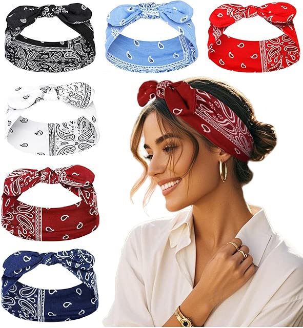 Tobeffect Bandana Headbands for Women Boho Style Paisley Print - Elastic Bow Head Bands for Women’s Hair Non Slip - Wide Headwraps with Bows Vintage, Cute Hairbands Hair Accessories 6 Pack
