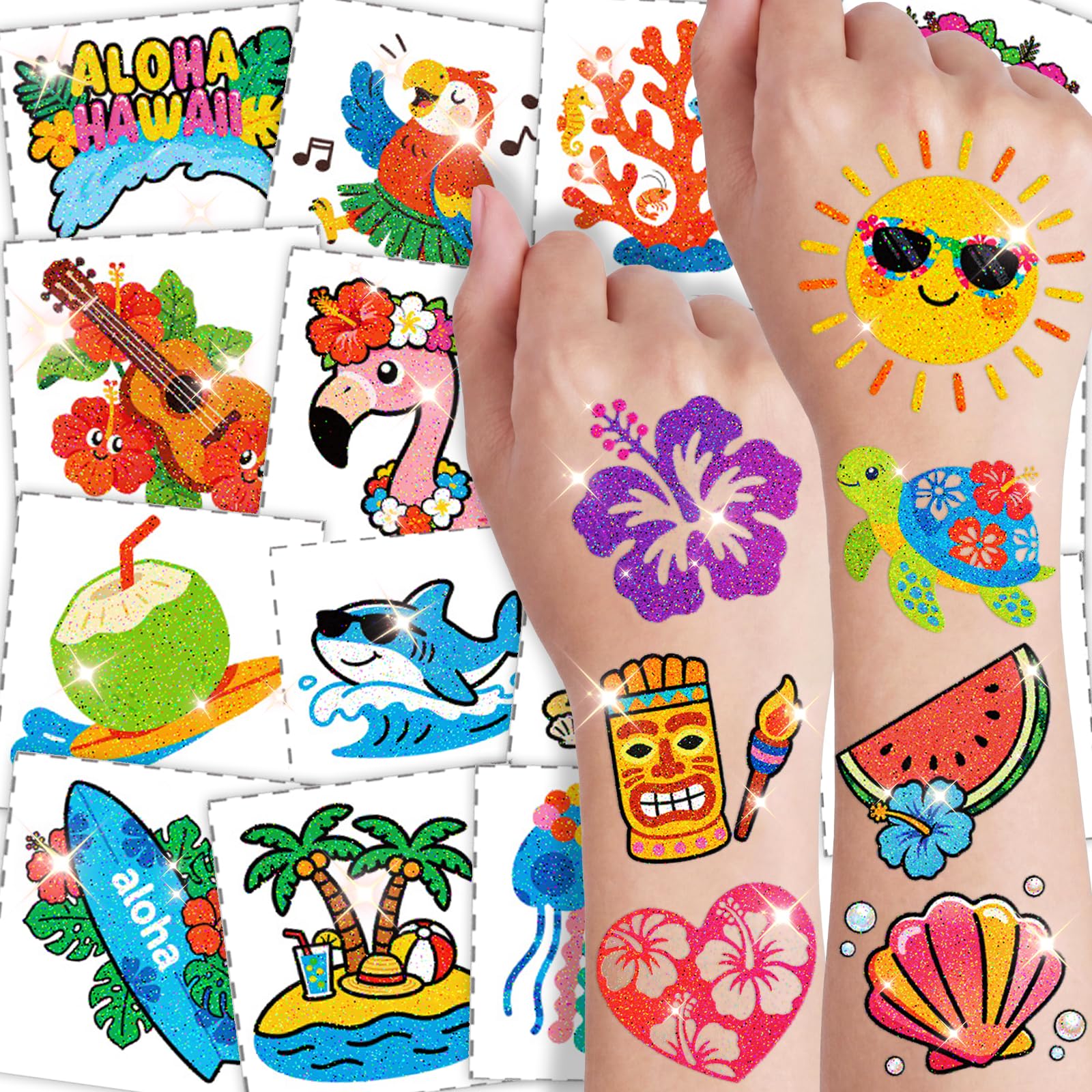 108 PCS Glitter Hawaiian Temporary Tattoos | Summer Party Favors