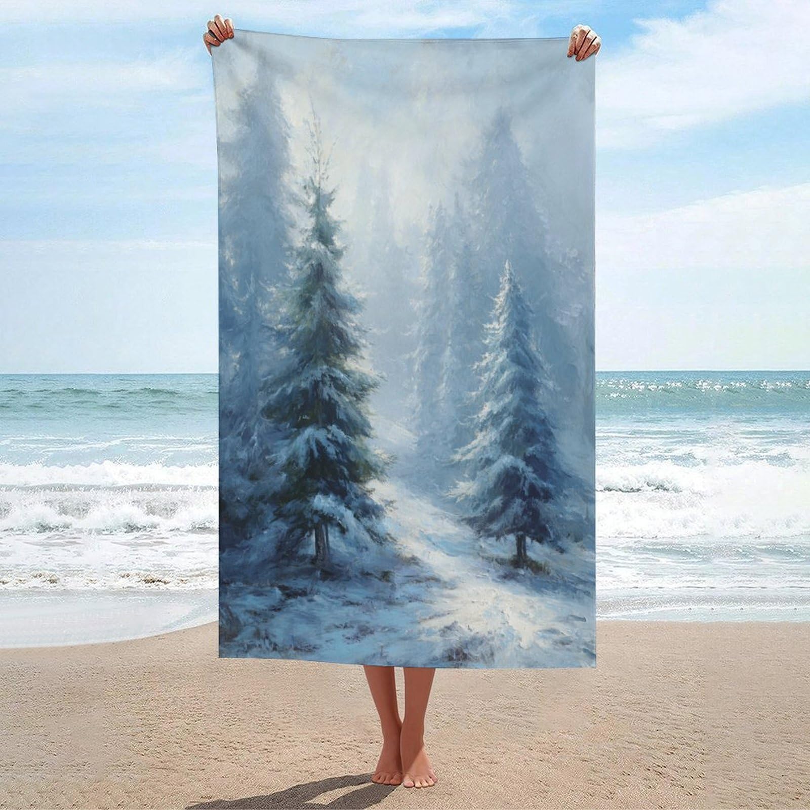 LSRCPD Snow-covered Pine Trees Beach Towel Sand Free Microfiber Large Shower Towels Multipurpose Absorbent for Bathroom Pool 130x80 CM