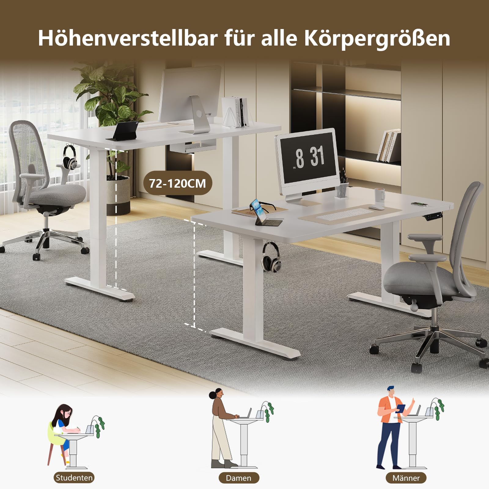 TRIUMPHKEY Höhenverstellbarer Schreibtisch, 200x80cm, Elektrisch Stehschreibtisch mit Dualmotor, Touchscreen,USB-A & Kabelmanagement,25mm Einteilige Tischplatte,ergonomischer Bürotisch, Weiß